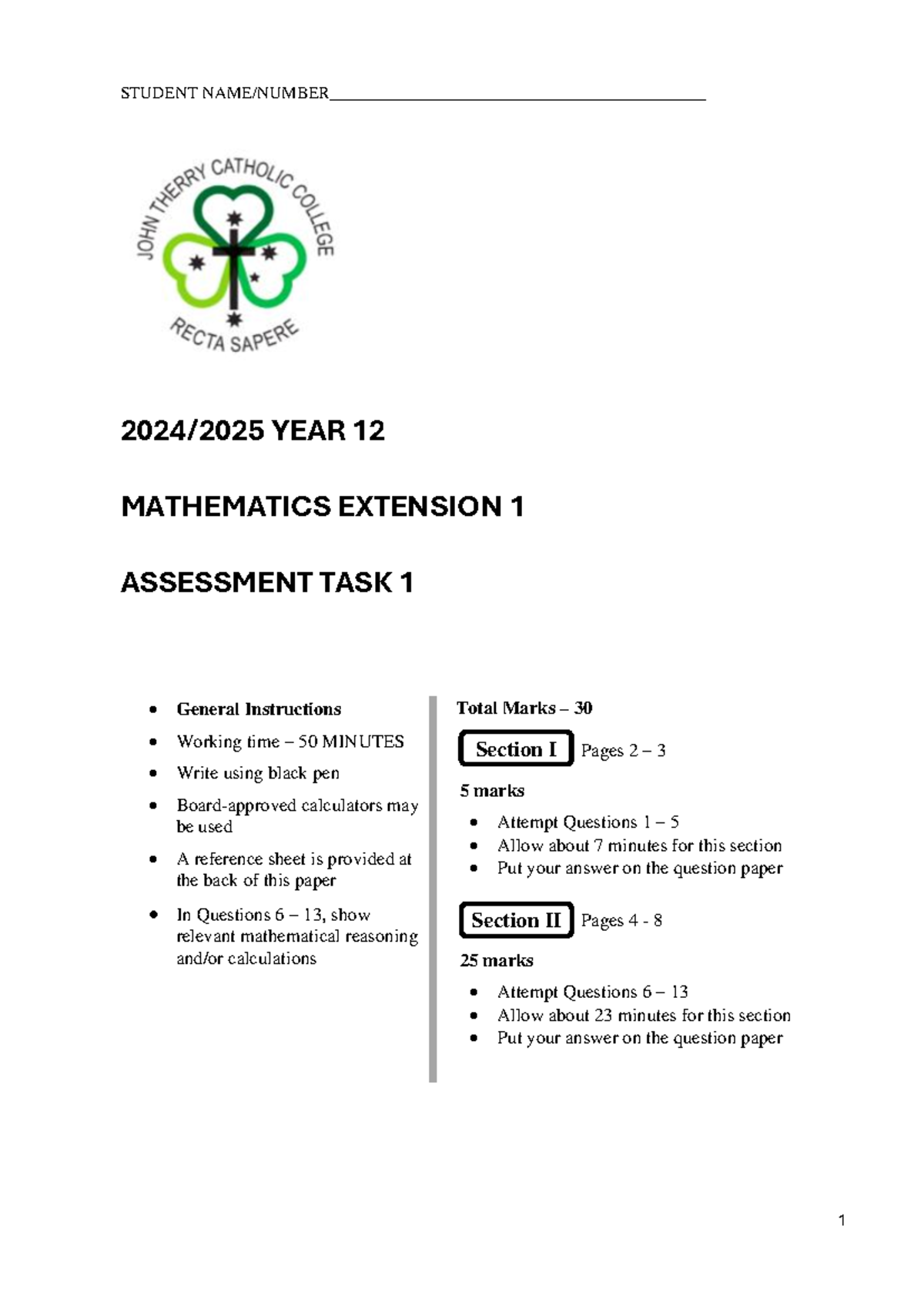 YR 12 Maths Ext 1 Assessment Task 1 2024-2025 - Studocu