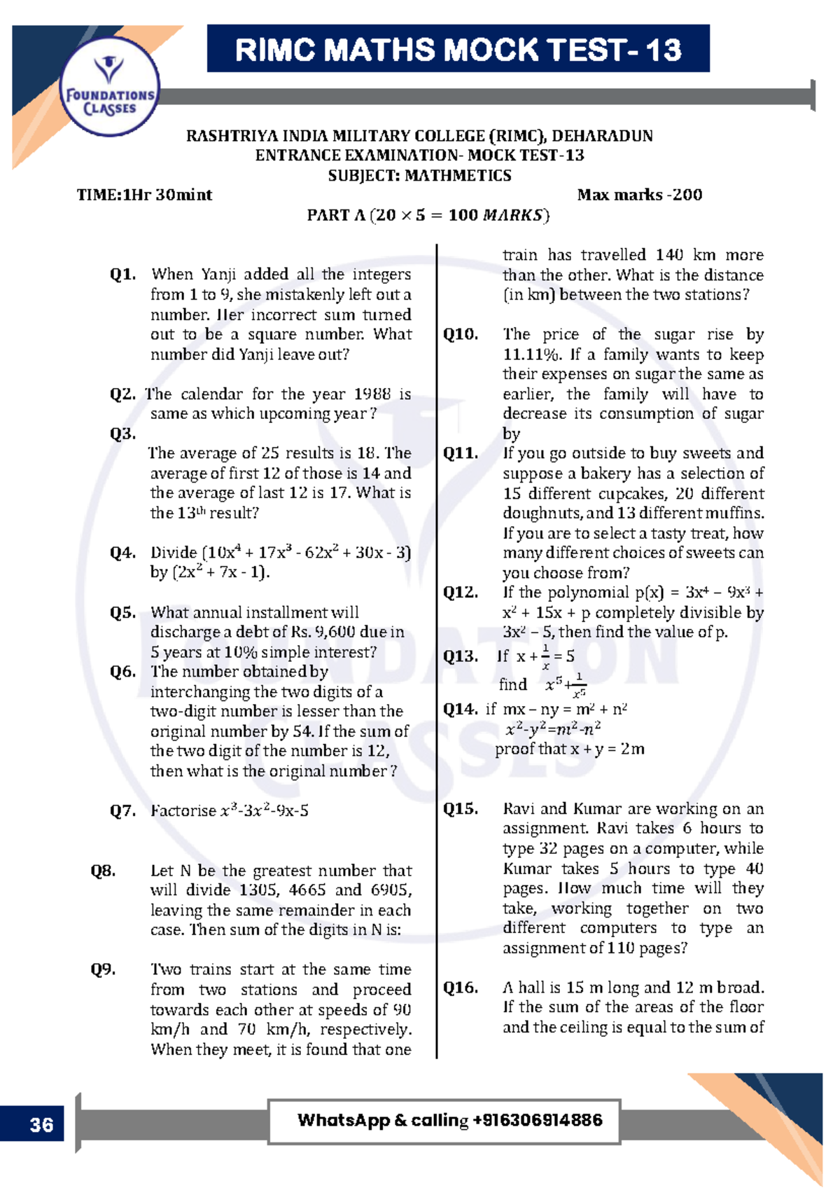 Maths MOCK TEST-13 RIMC June 2026 - Entrance Exam Preparation - Studocu