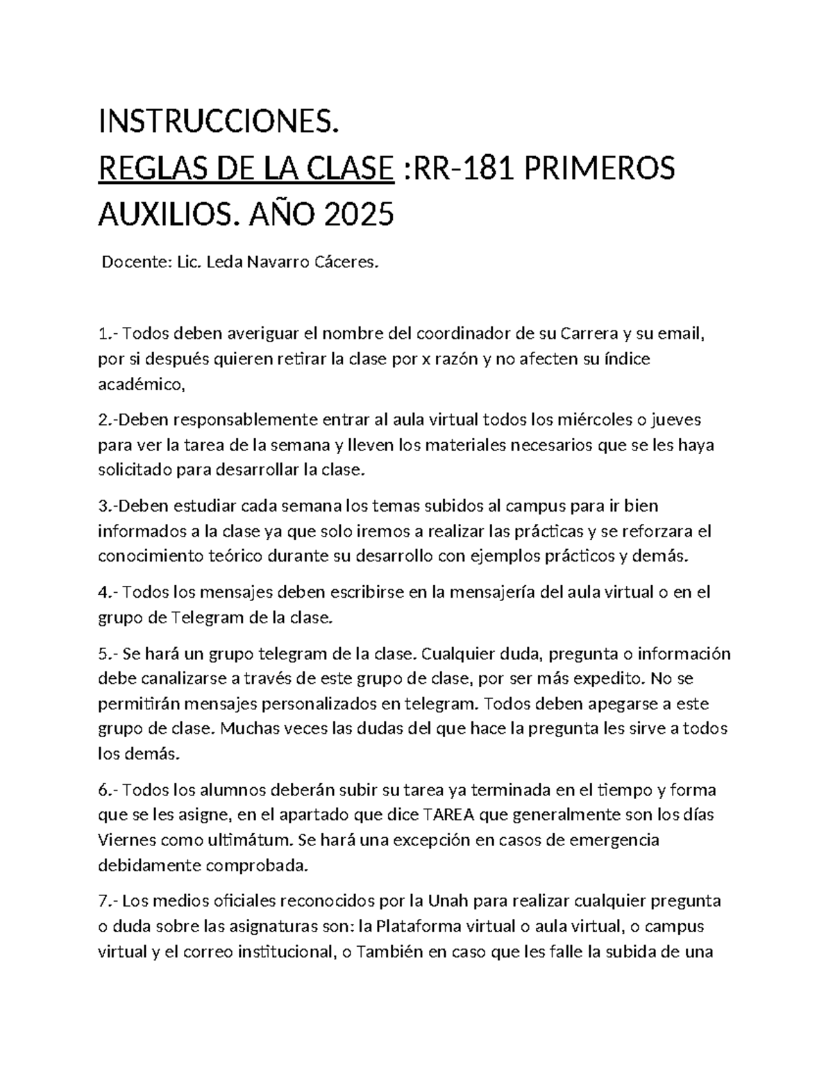 Reglas de la Clase de Primeros Auxilios PAUX 2025 - I PAC - Studocu