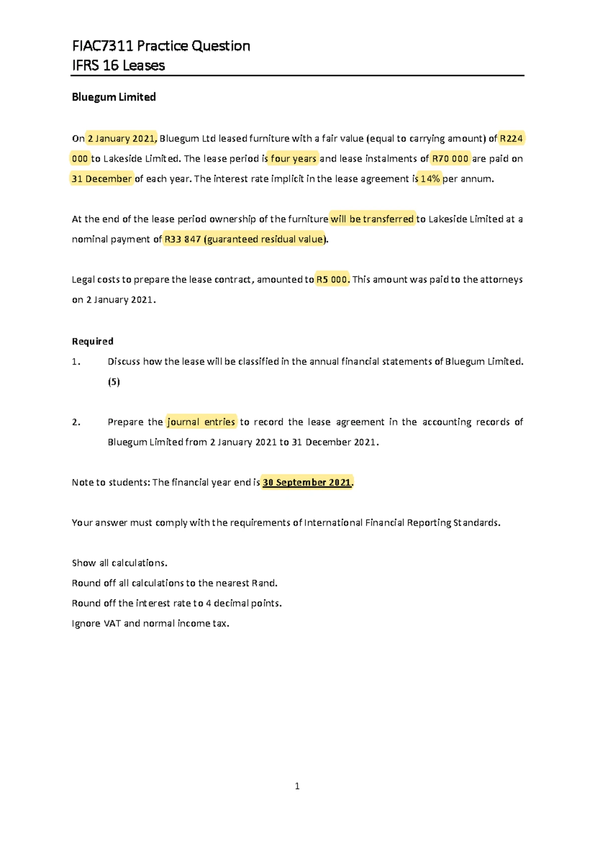 FIAC7311 IFRS 16 Leases Practice Questions for Dinosaur Ltd - Studocu