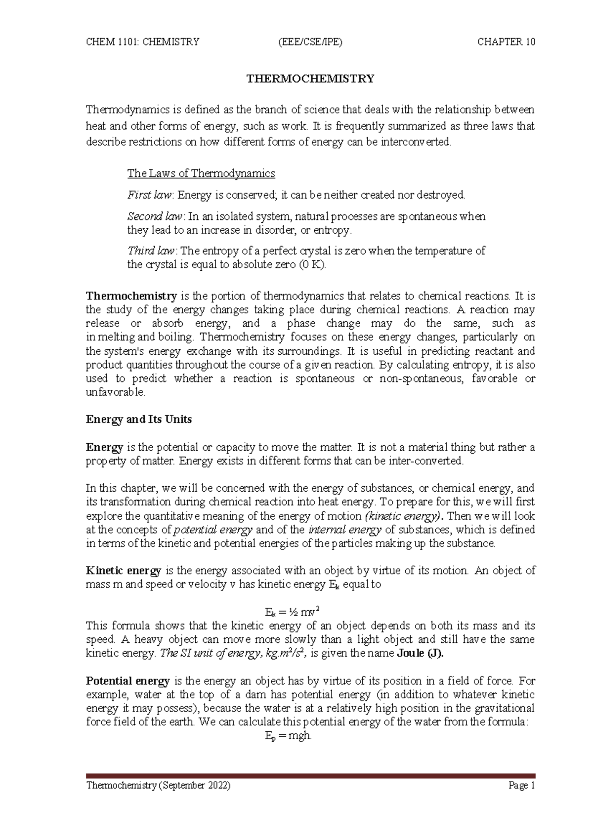 CHEM 1101: THERMOCHEMISTRY CHAPTER 10 - ENERGY & REACTIONS - Studocu