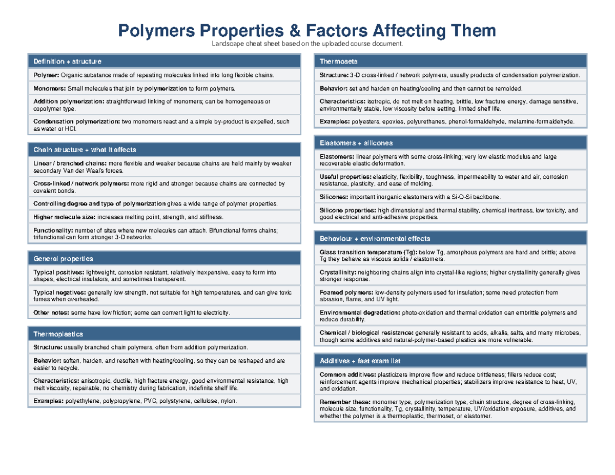 Polymers Properties Overview Cheat Sheet (CHEM 101) - Studocu