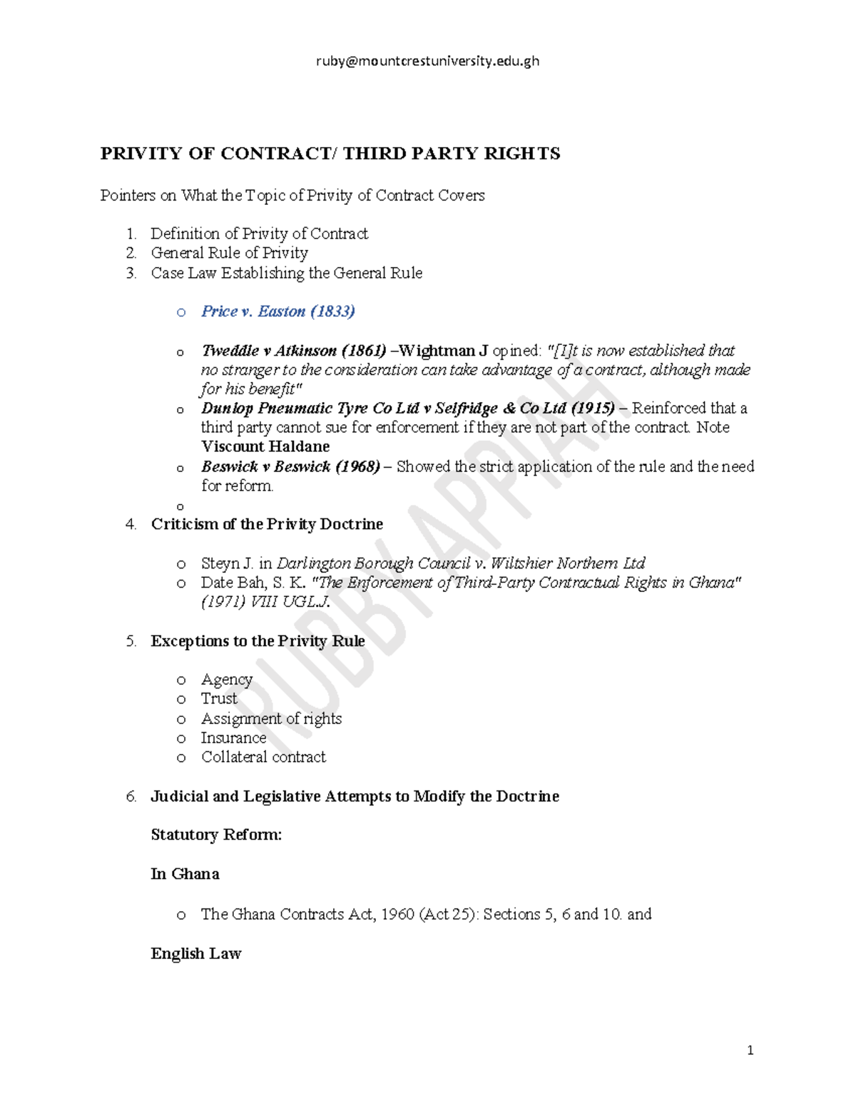 Notes on Privity of Contract: Understanding Third Party Rights (LAW ...