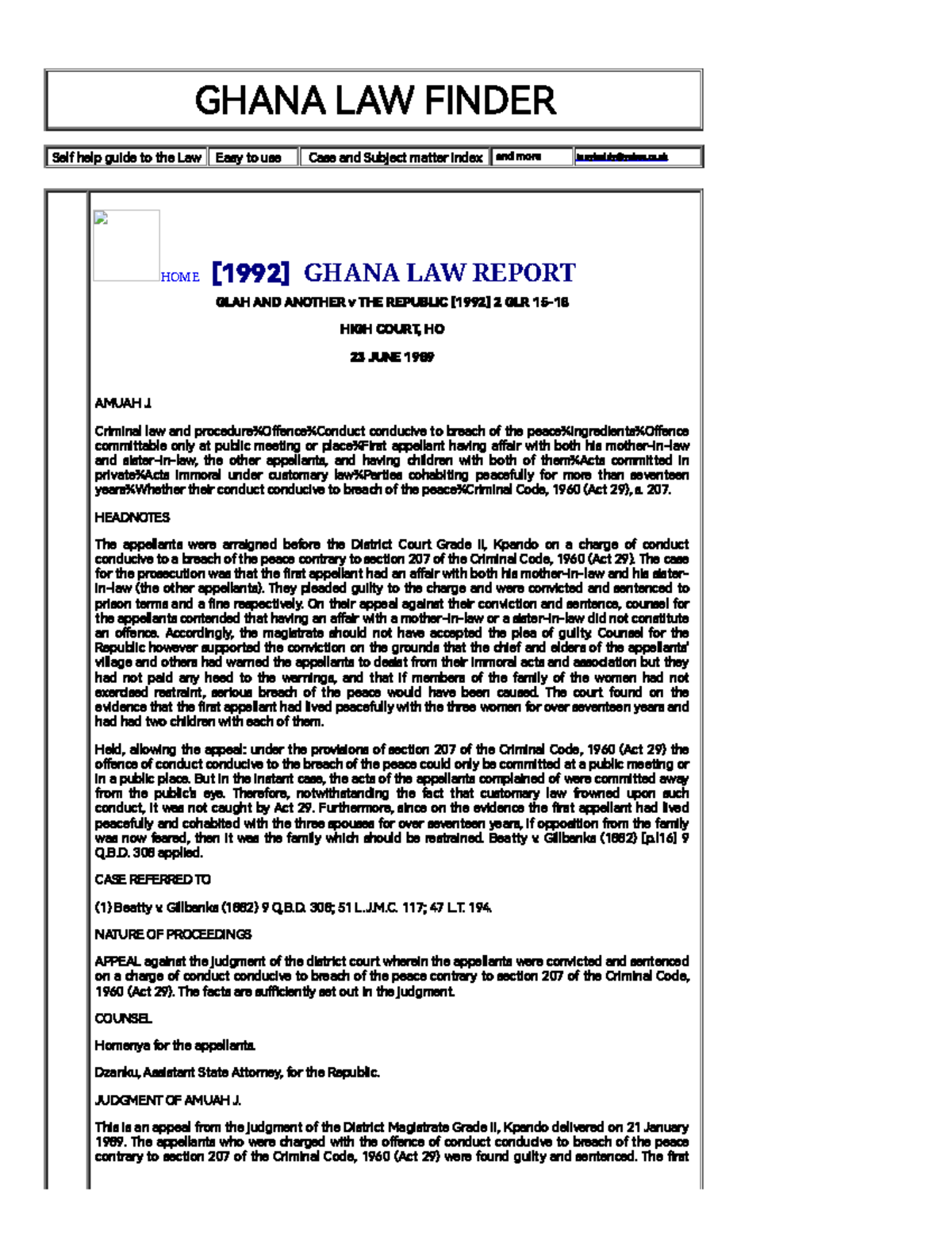 GHANA LAW REPORT: GLAH v. THE REPUBLIC - Case Analysis - Studocu