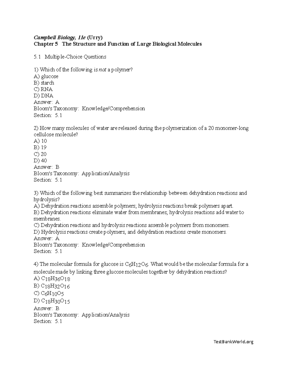 Chapter 5 - Campbell Biology, 11e (Urry) Chapter 5 The Structure and ...