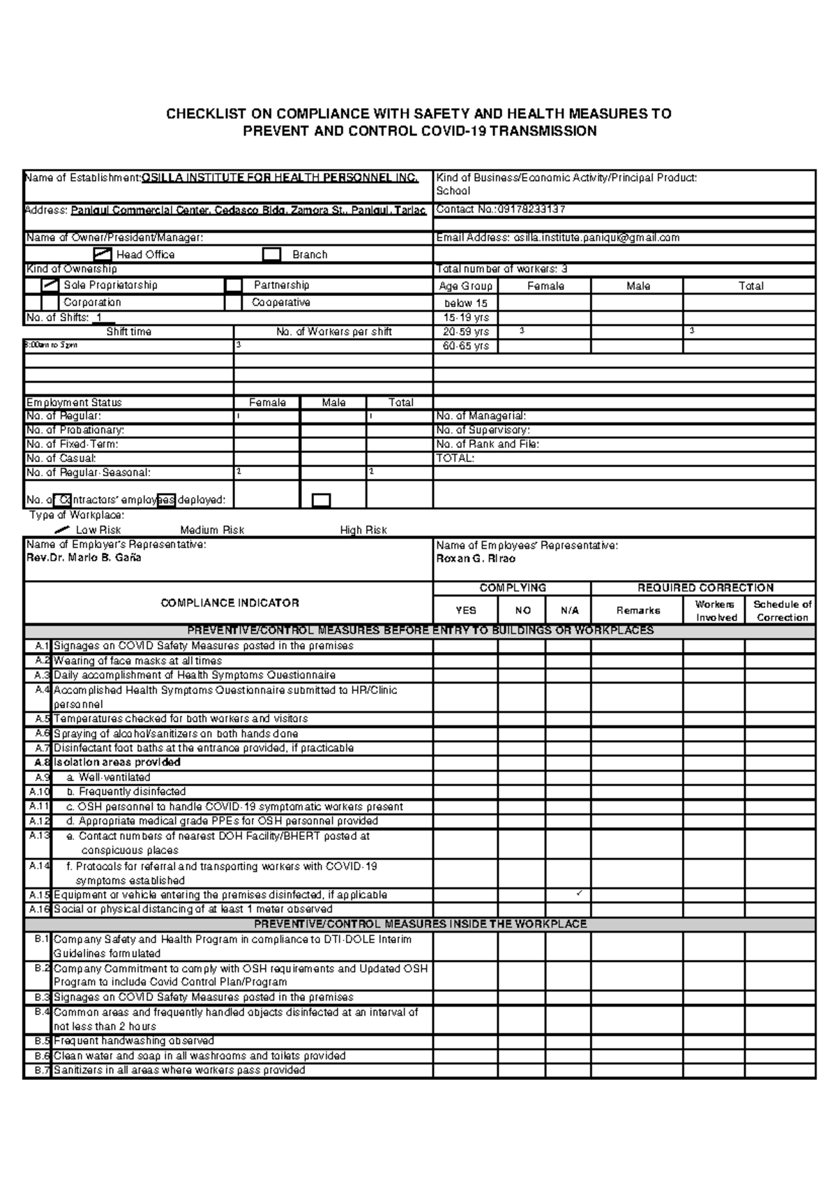 Compliance Checklist for COVID Safety Measures - OSH 101 - Studocu