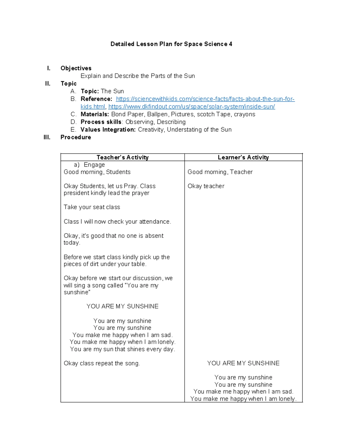 Detailed Lesson Plan for Physics Science 6 - Objectives The learners ...