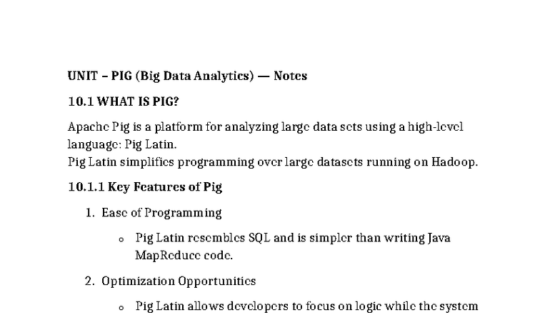 PIG1 - Big Data Analytics: Comprehensive Notes on Apache Pig - Studocu