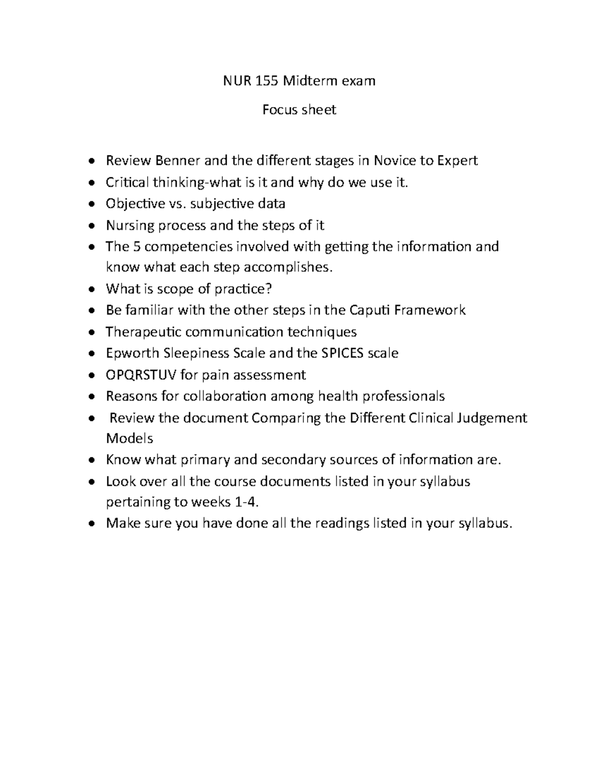 NUR 155 Midterm Exam Focus Sheet: Key Concepts & Prep Guide - Studocu