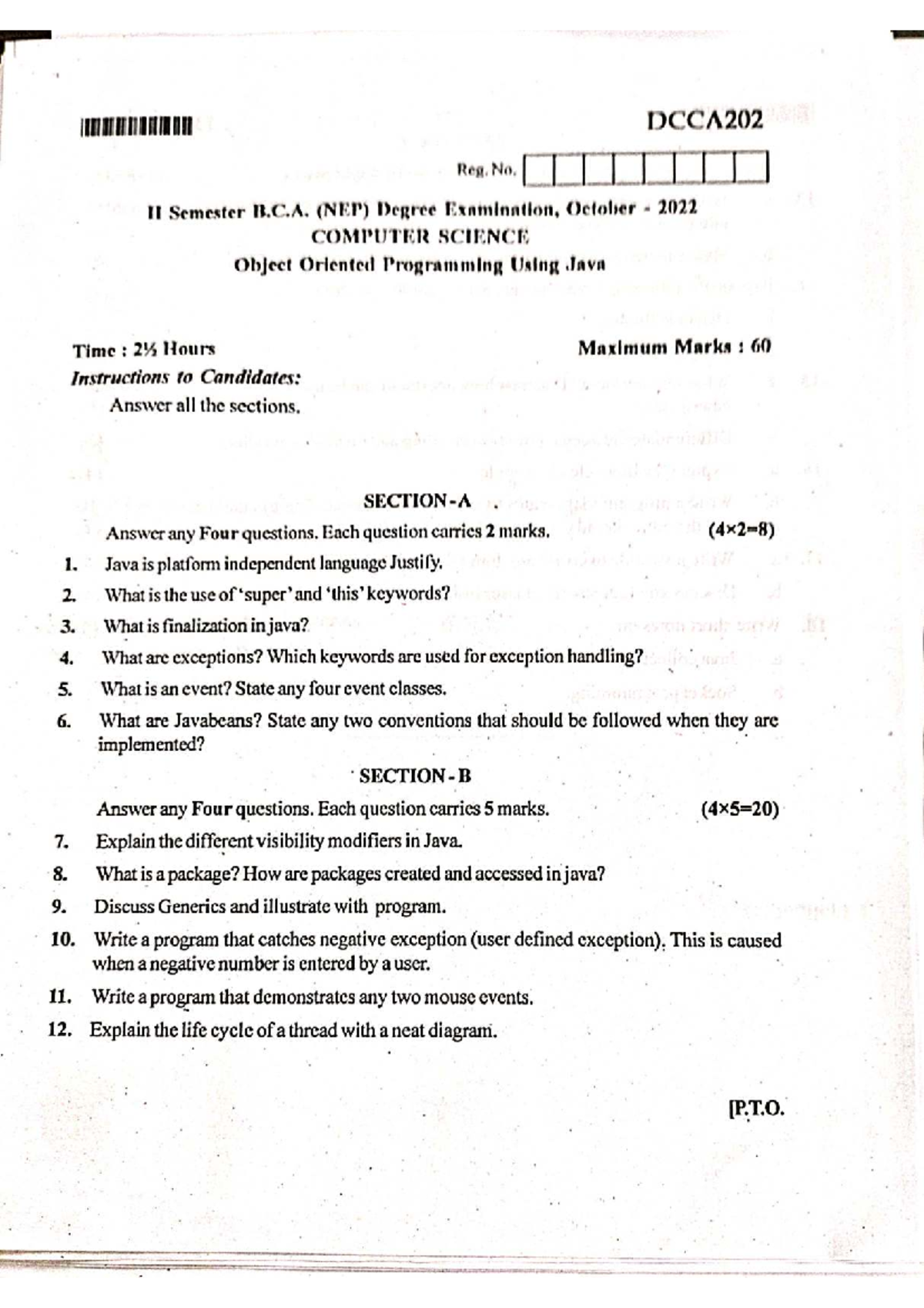 Object Oriented Programming Using Java (DCCA202) Exam Oct 2022 - Studocu