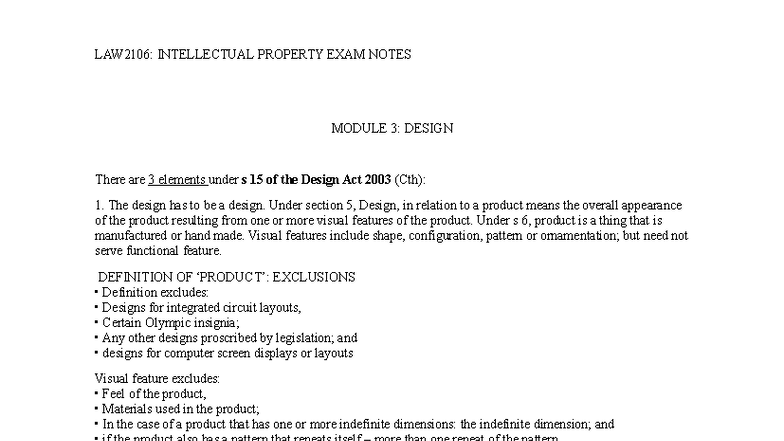LAW2106: INTELLECTUAL PROPERTY EXAM REVISION NOTES MODULE 3: DESIGN ...