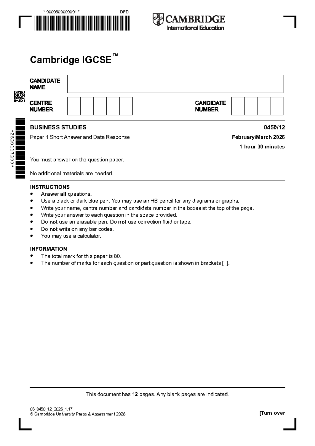 0450 Cambridge IGCSE Business Studies Paper 1 Q&A March 2026 - Studocu