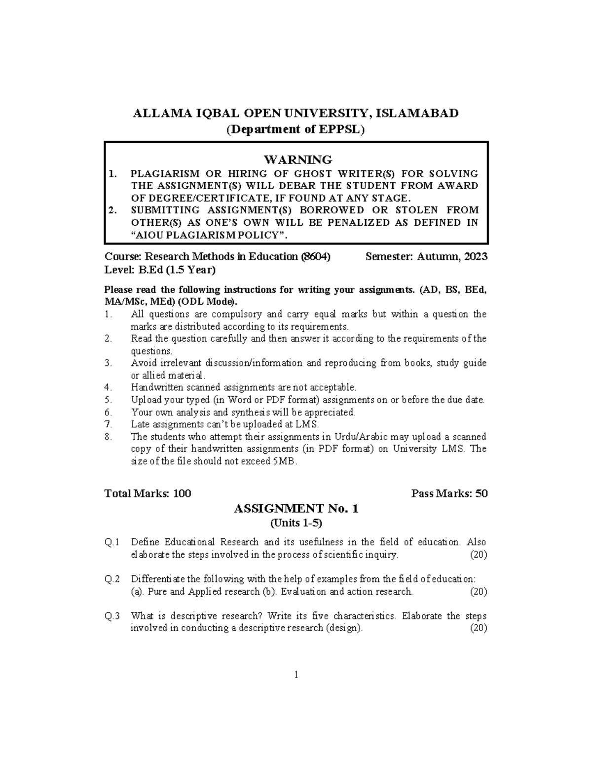 B.Ed Assignment No. 1 - Research Methods in Education (8604) Fall 2023 ...