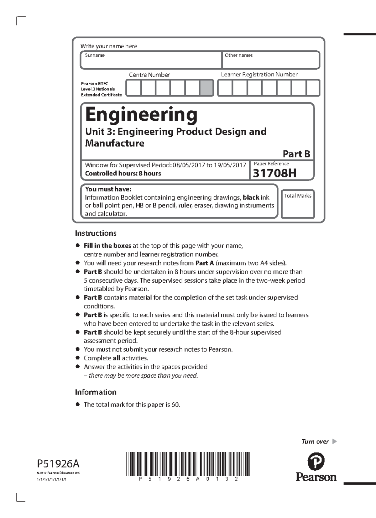31708H Engineering Unit 3 Part B Supervised Assessment 2017 - Studocu