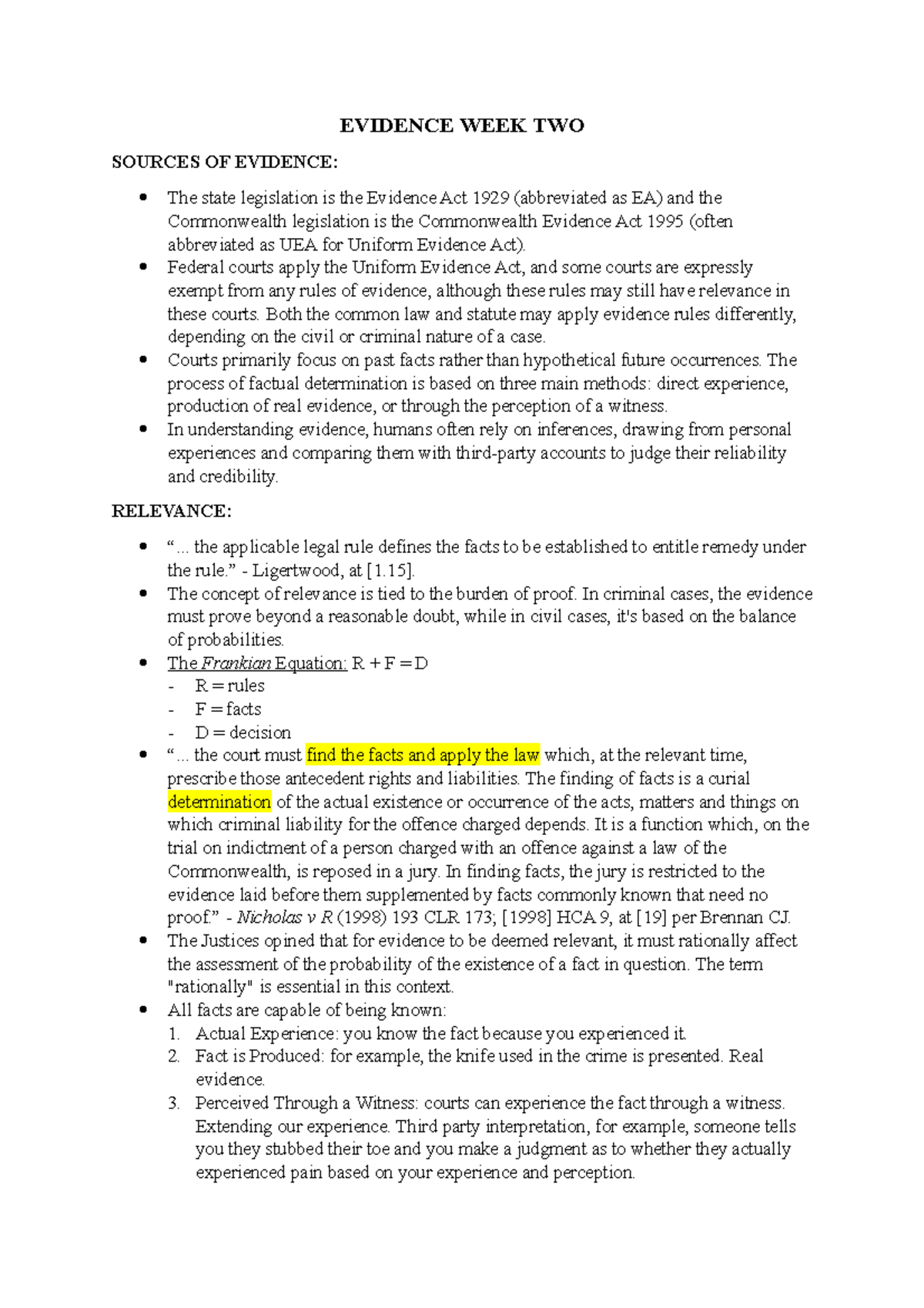 EVIDENCE 101: Week Two Lecture Notes & Key Legal Concepts - Studocu