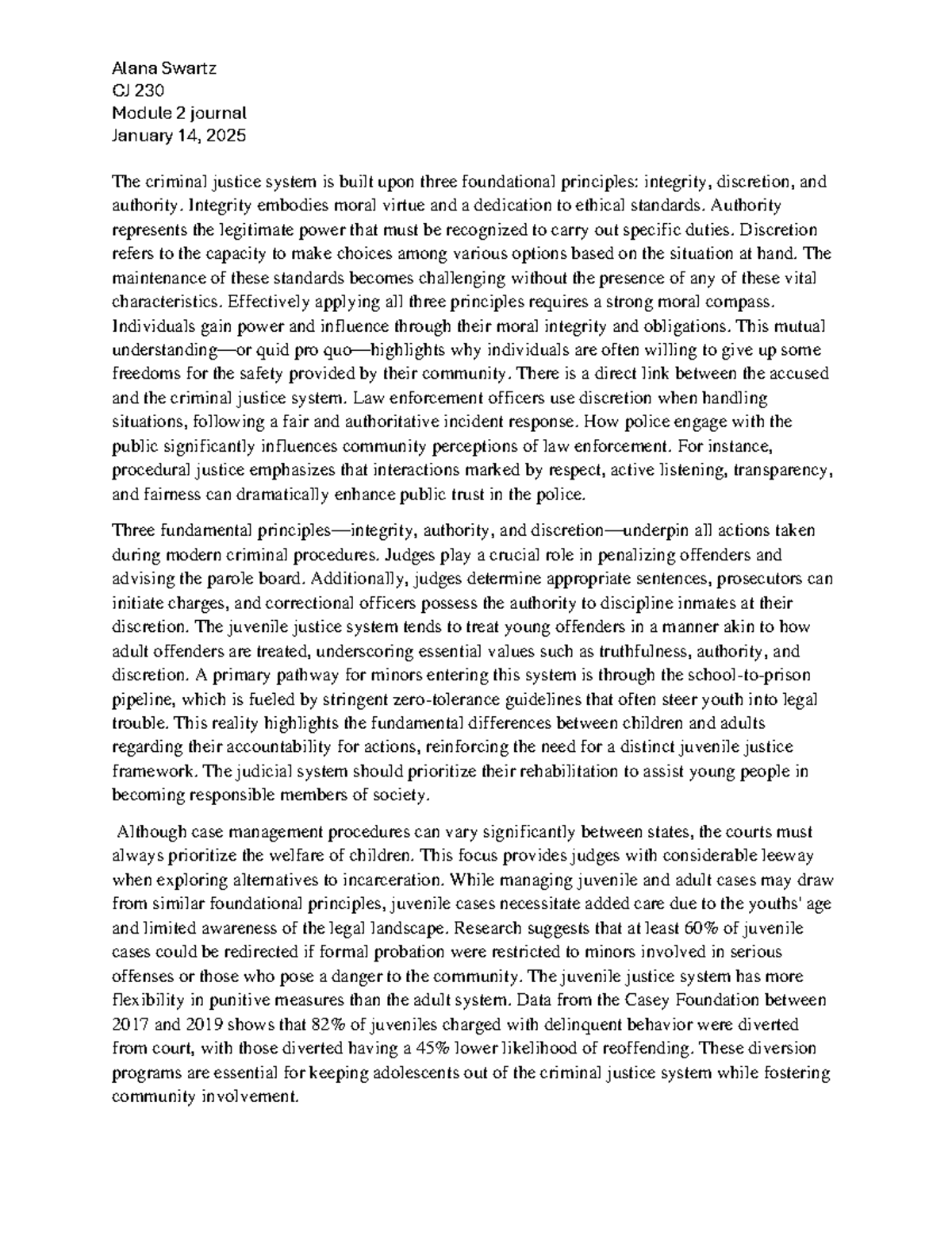 CJ 230 module 2 journal - Alana Swartz CJ 230 Module 2 journal January ...