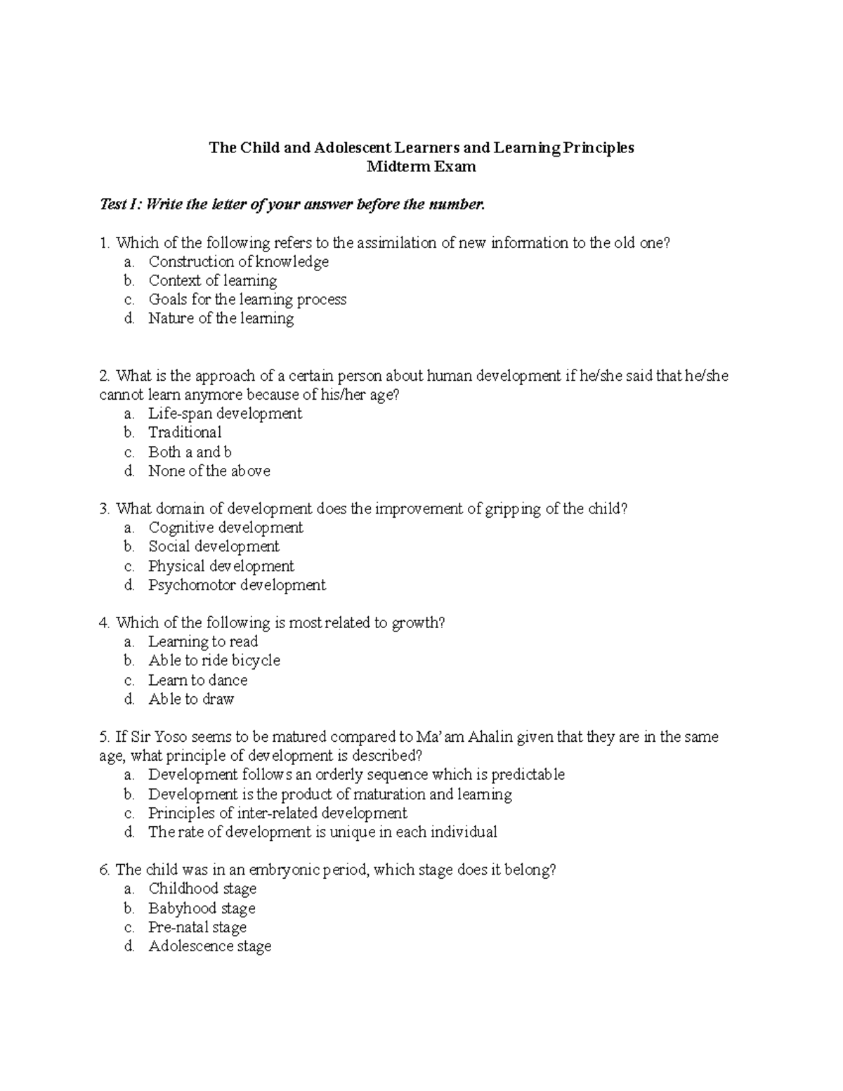 CAD-Midterm Exam - Child and Adolescent Development Principles - Studocu