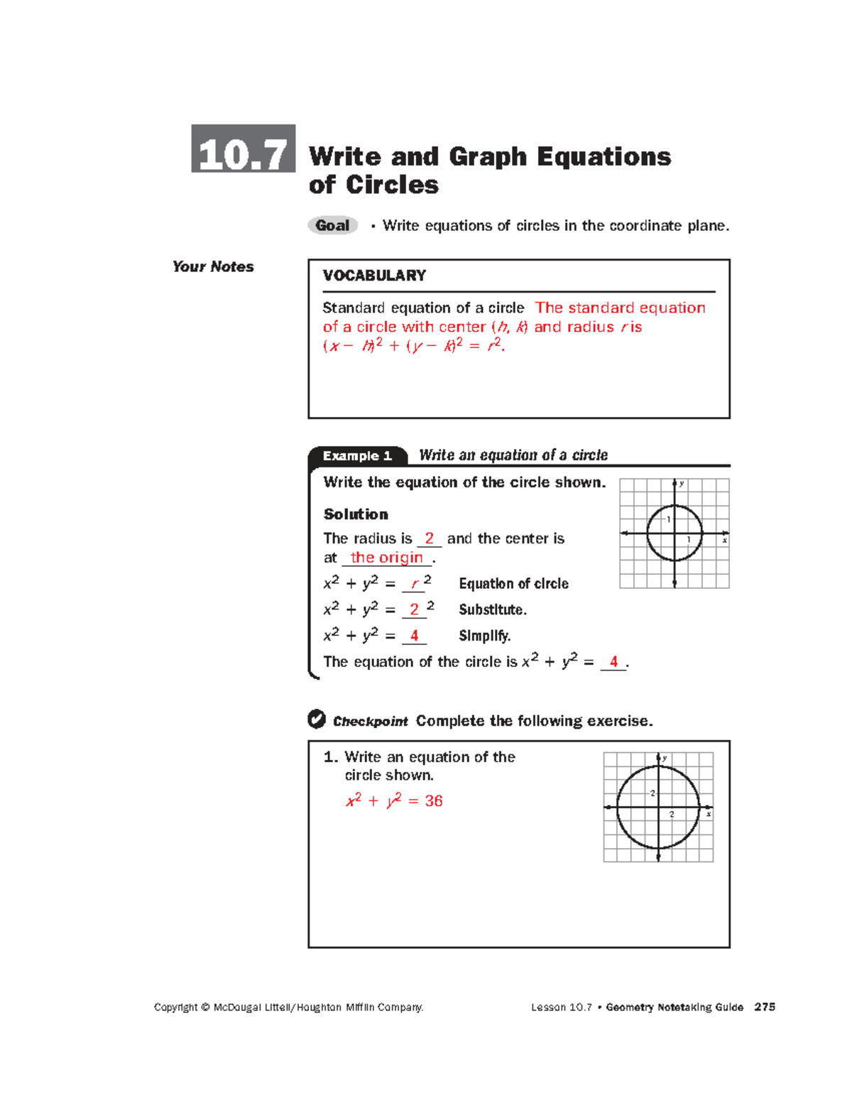 10.7 Lesson Notes: Equations of Circles and Solutions - Studocu