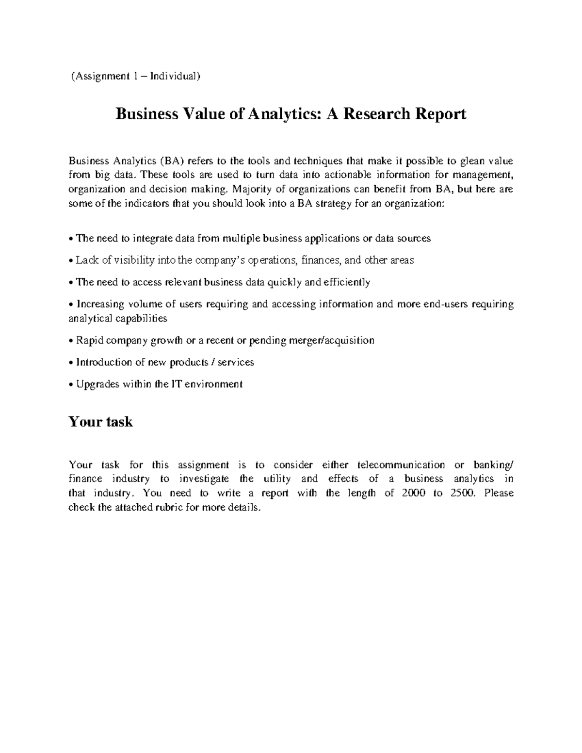 Assignment 1 - sdfsd - (Assignment 1 – Individual) Business Value of ...