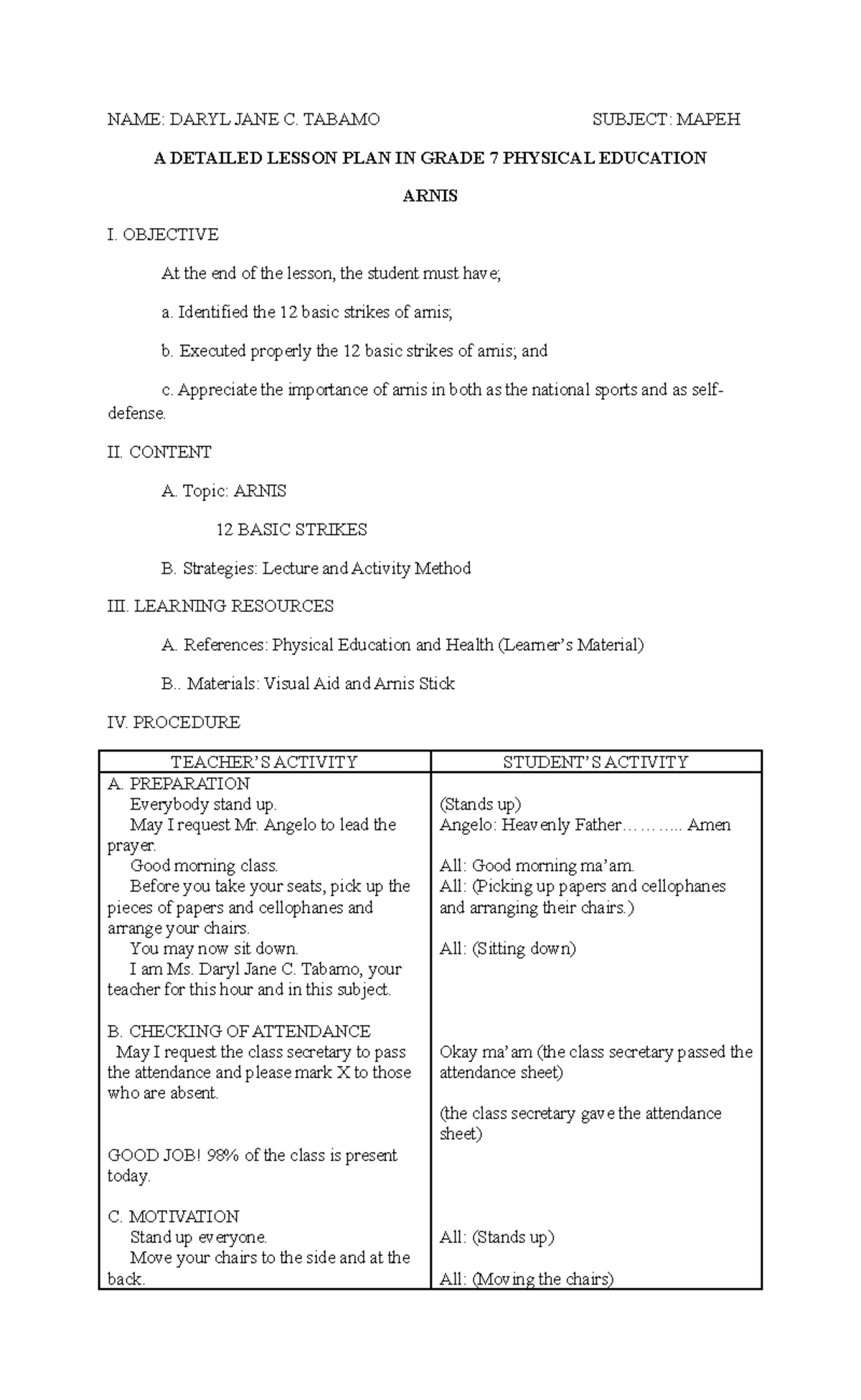 Detailed Lesson Plan: Grade 7 Physical Education (Arnis) - Studocu