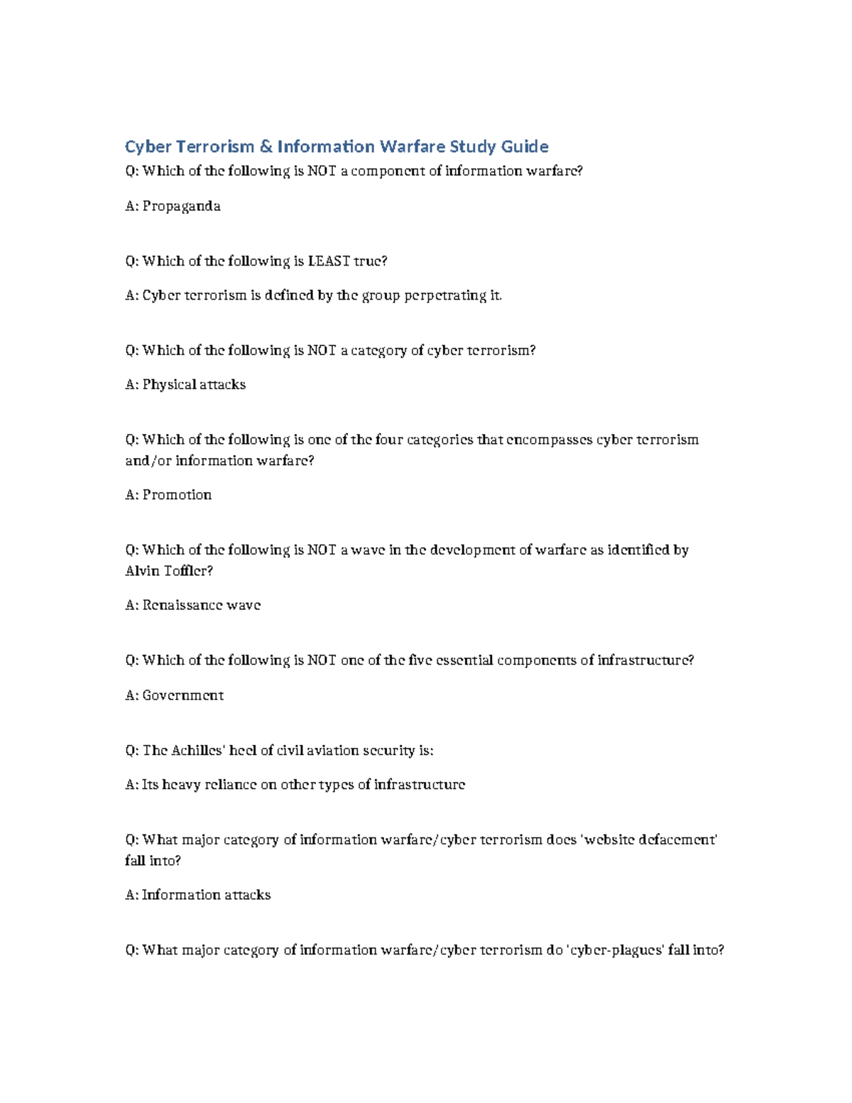 Cyber Terrorism & Info Warfare Study Guide: Key Concepts & Q&A - Studocu