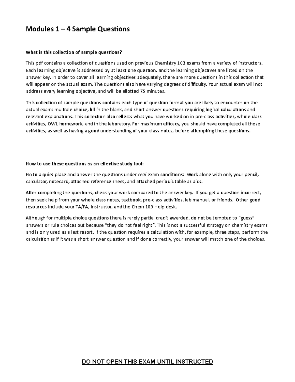 CHEM 103 - Exam 1 Sample Questions - Studocu