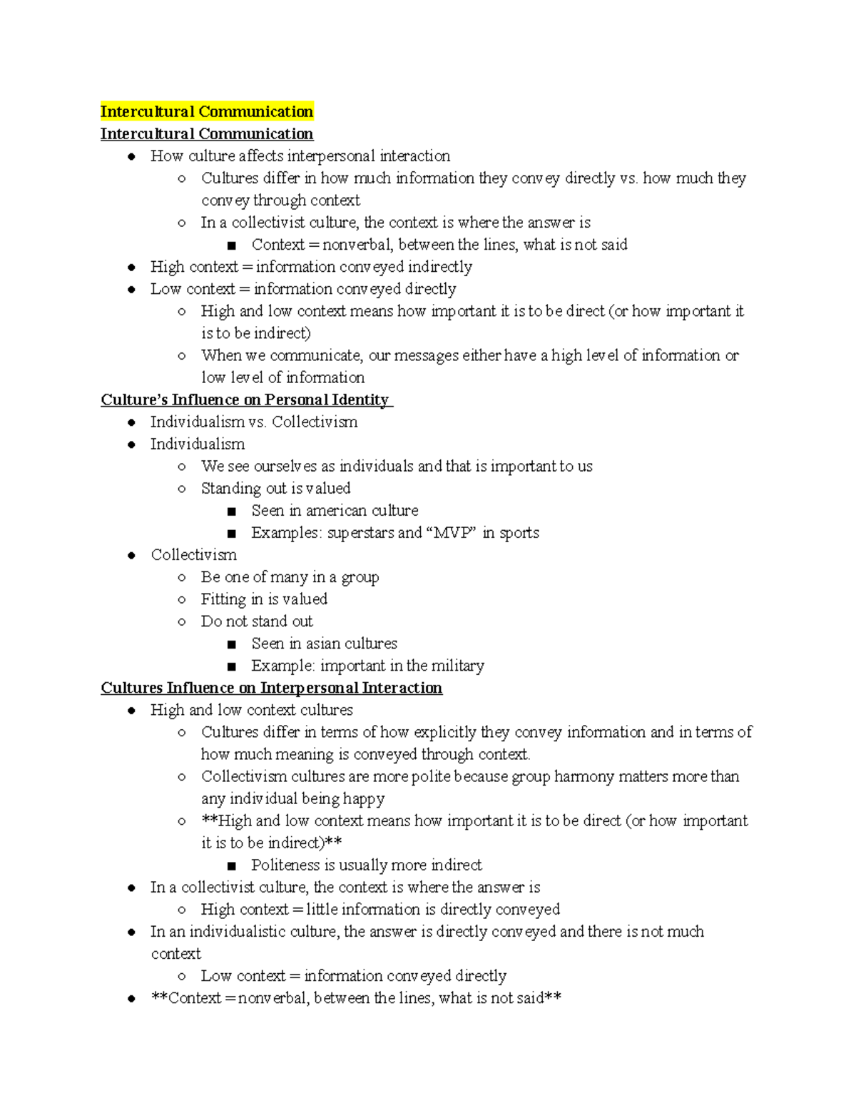 Quiz 2 Study Guide - Intercultural Communication Intercultural ...
