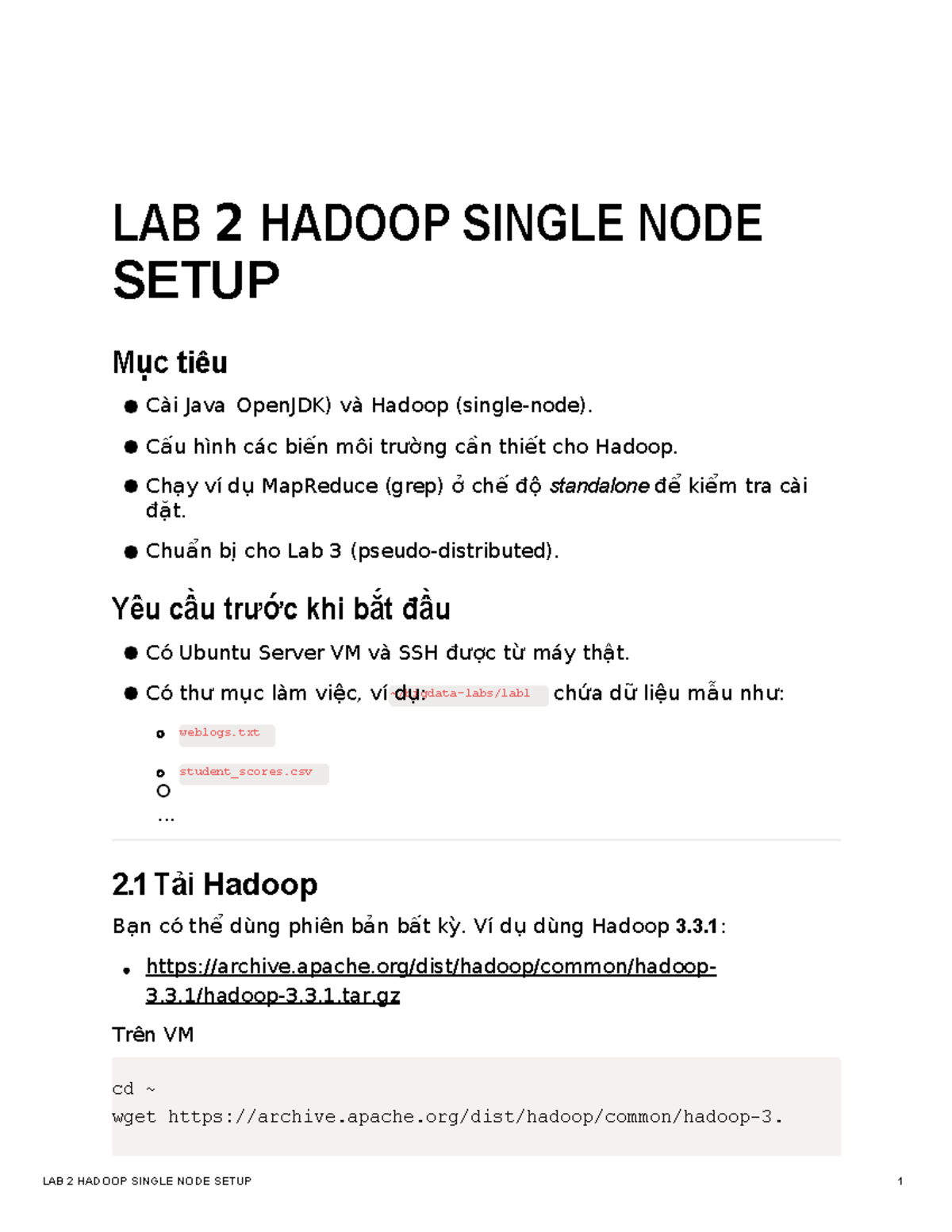 LAB 2: HADOOP SINGLE NODE SETUP & MAPREDUCE EXAMPLE - Studocu