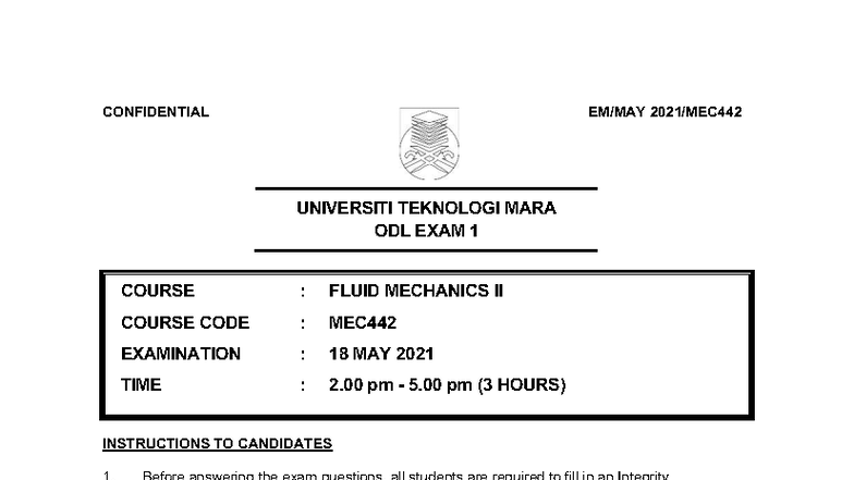 MEC442 May 2021 - ODL Exam Paper for Fluid Mechanics II - Studocu