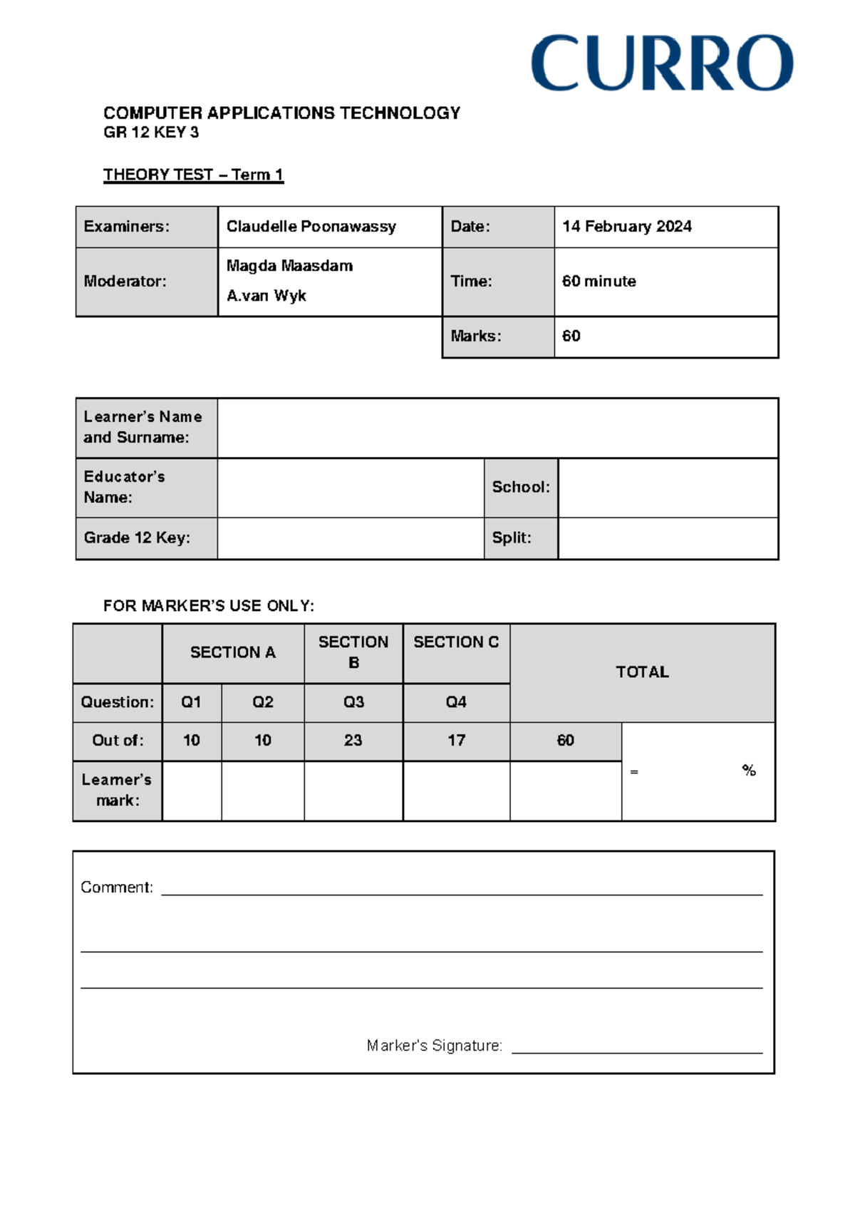 COMPUTER APPLICATIONS TECHNOLOGY GR 12 TERM 1 THEORY TEST 2024 - Studocu