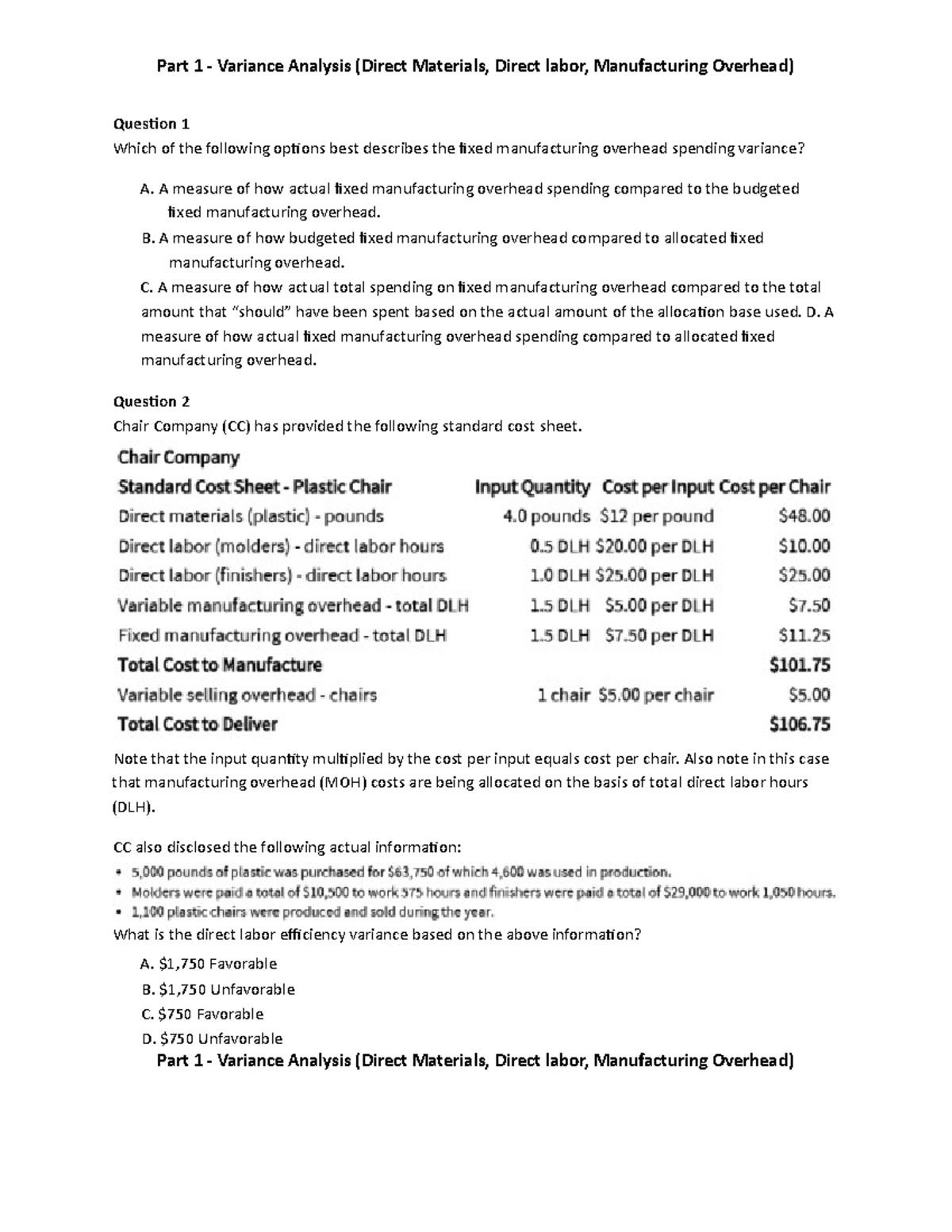 Topic 3 - Standard Costs & Variance Analysis 2 Quiz Questions - Studocu