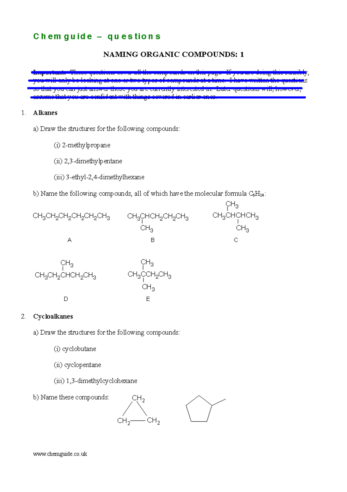 Chem 101: Naming Organic Compounds Worksheet - May 5 - Studocu