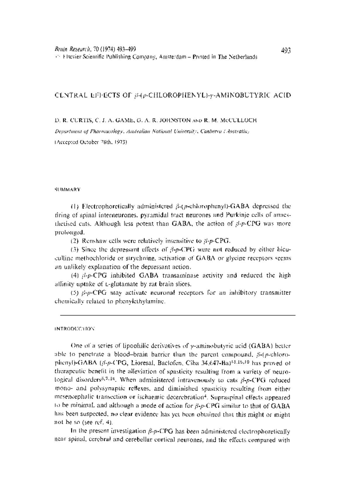 Central effects of p chlorophenyl am - Brain Research, 70 (1974) 493 ...