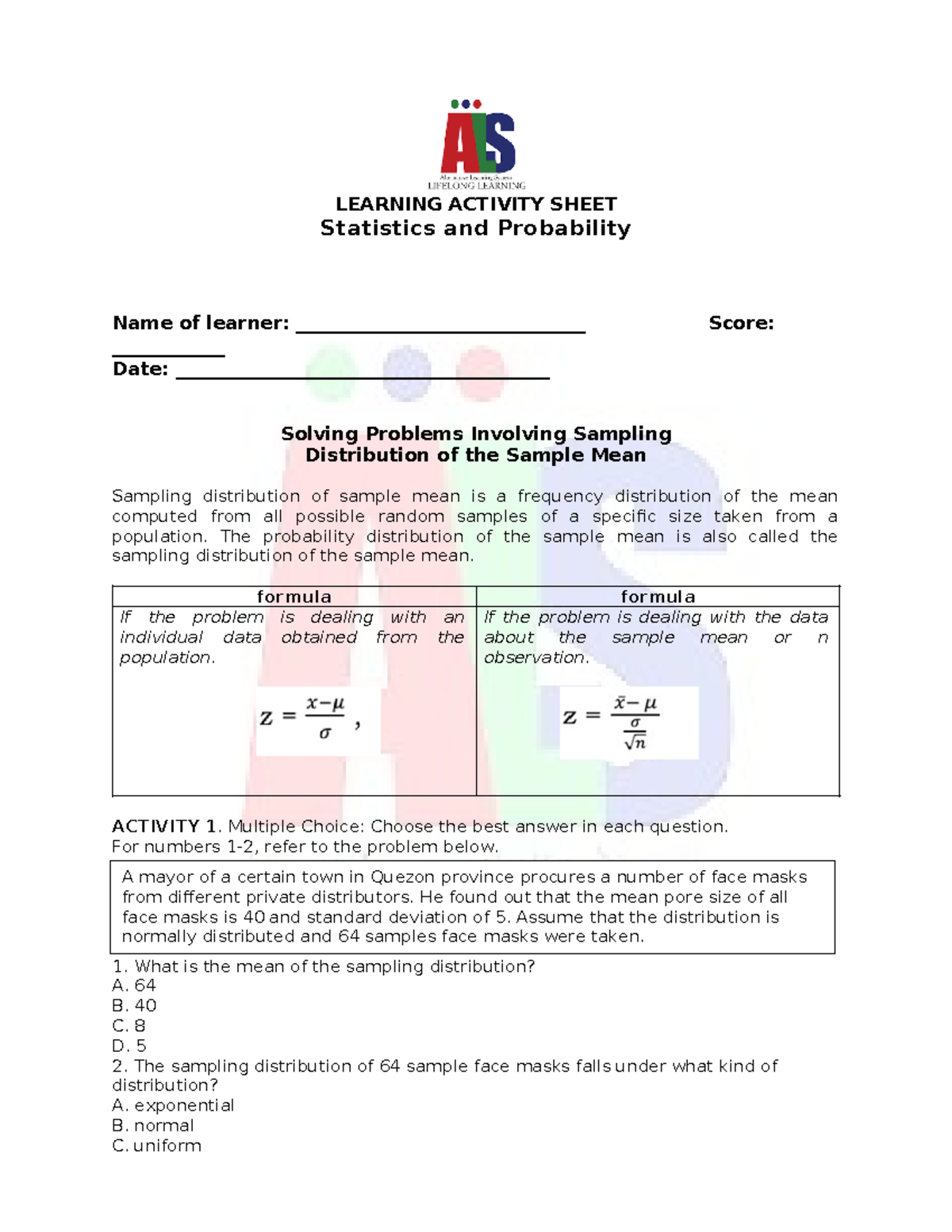 Learning Activity Sheet 2 - LEARNING ACTIVITY SHEET Statistics and ...