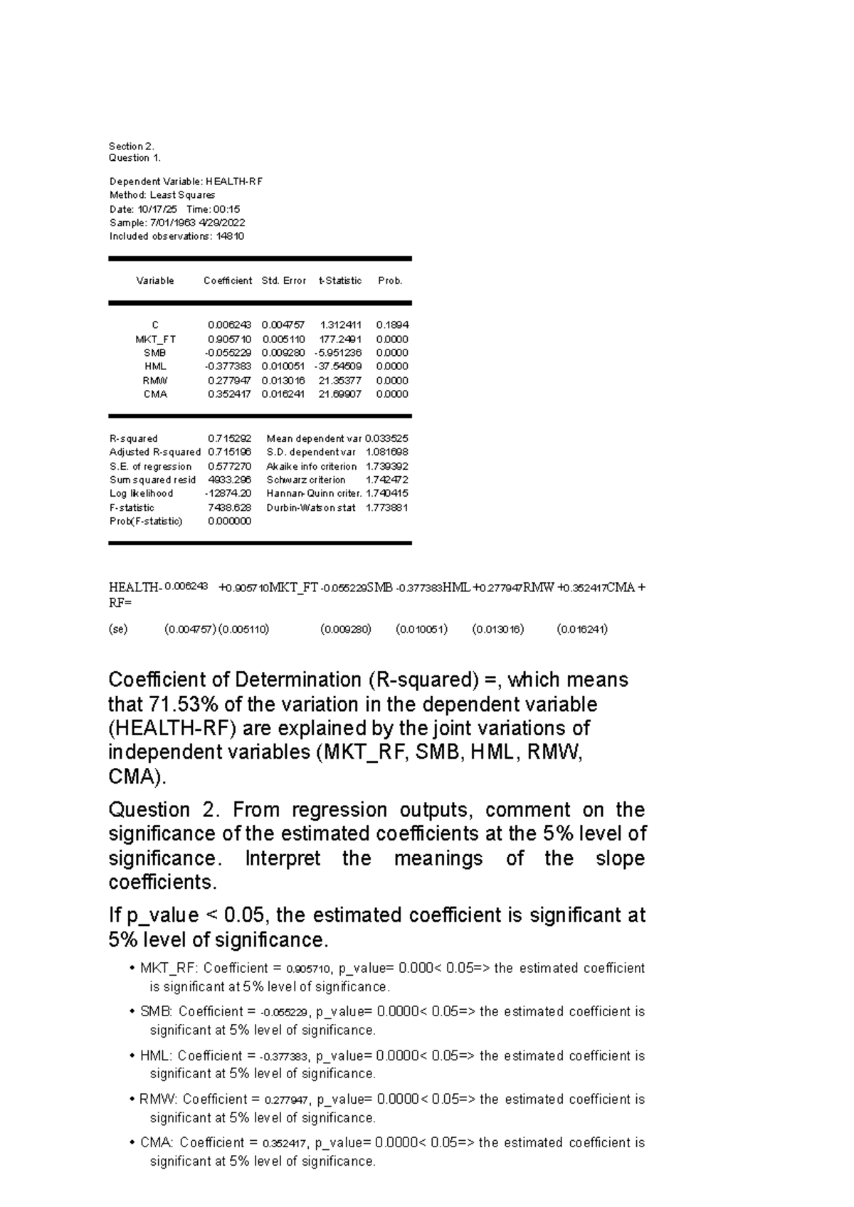 Regression Analysis of HEALTH: Least Squares Method Insights (Course ...