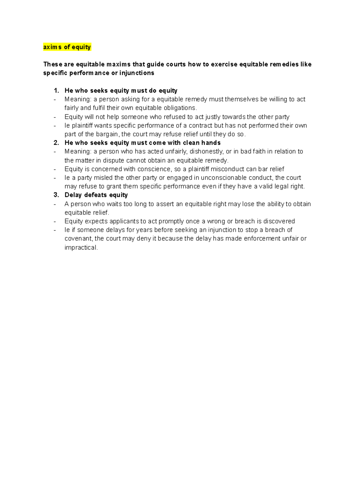 Maxims of Equity: Key Principles for Equitable Remedies - Studocu