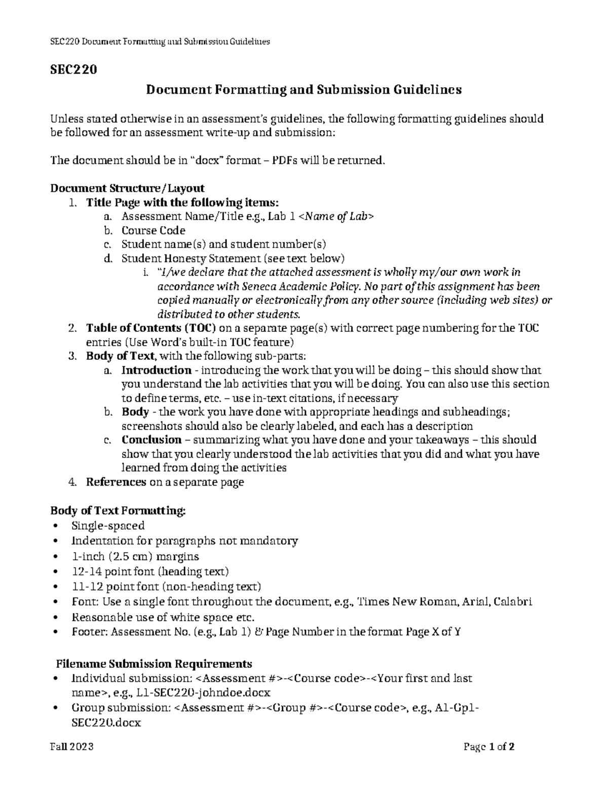 F23SEC220Course Formatting Guidelines 233 - SEC220 Document Formatting ...