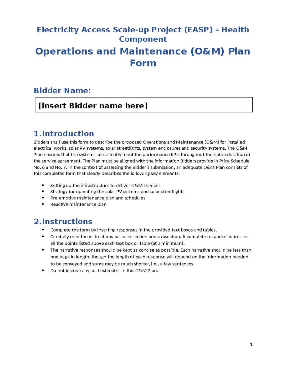 O&M Plan Form for EASP Health Component - Bidder Submission - Studocu