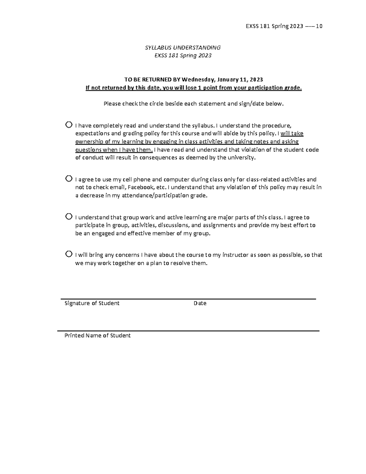 EXSS 181 Spring 2023 Syllabus Acknowledgment and Agreement Form - Studocu