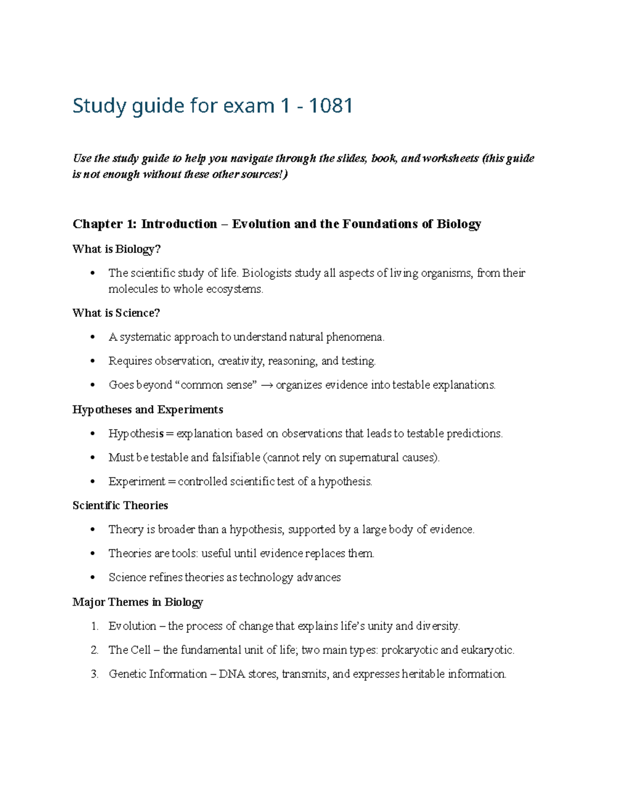 Study Guide for Biology Exam 1 - 1081: Key Concepts & Themes - Studocu