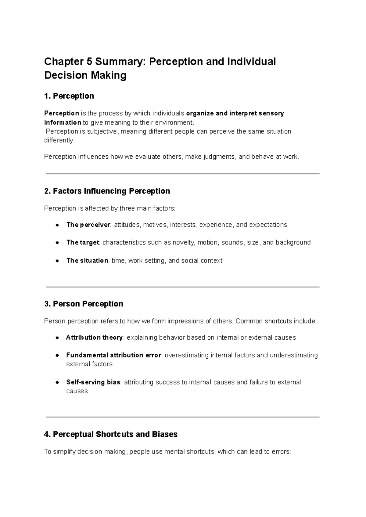 Chapter 5 Summary: Perception & Decision Making Insights - Studocu