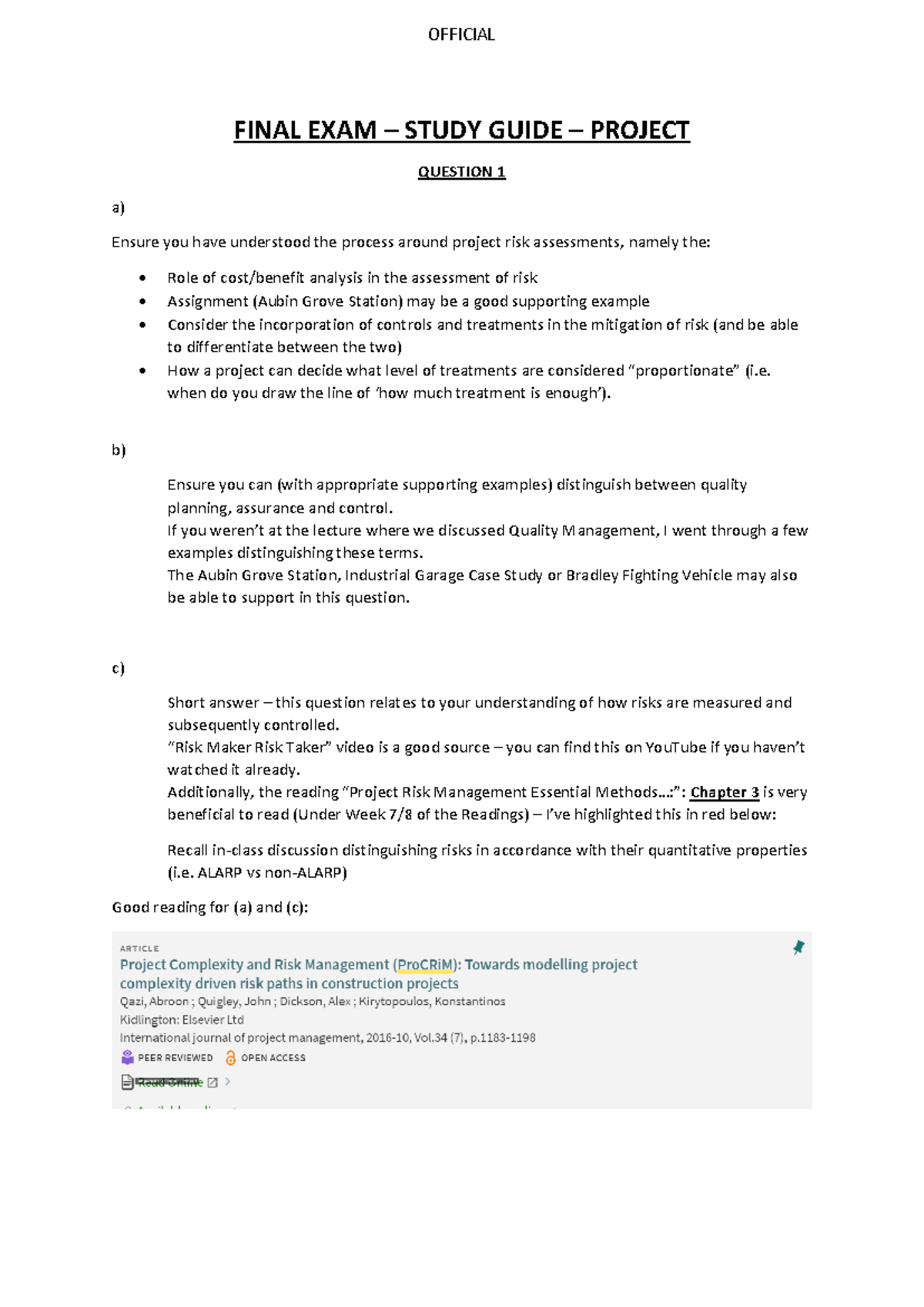 Final Exam Study Guide: Project Risk & Quality Management (2025) - Studocu