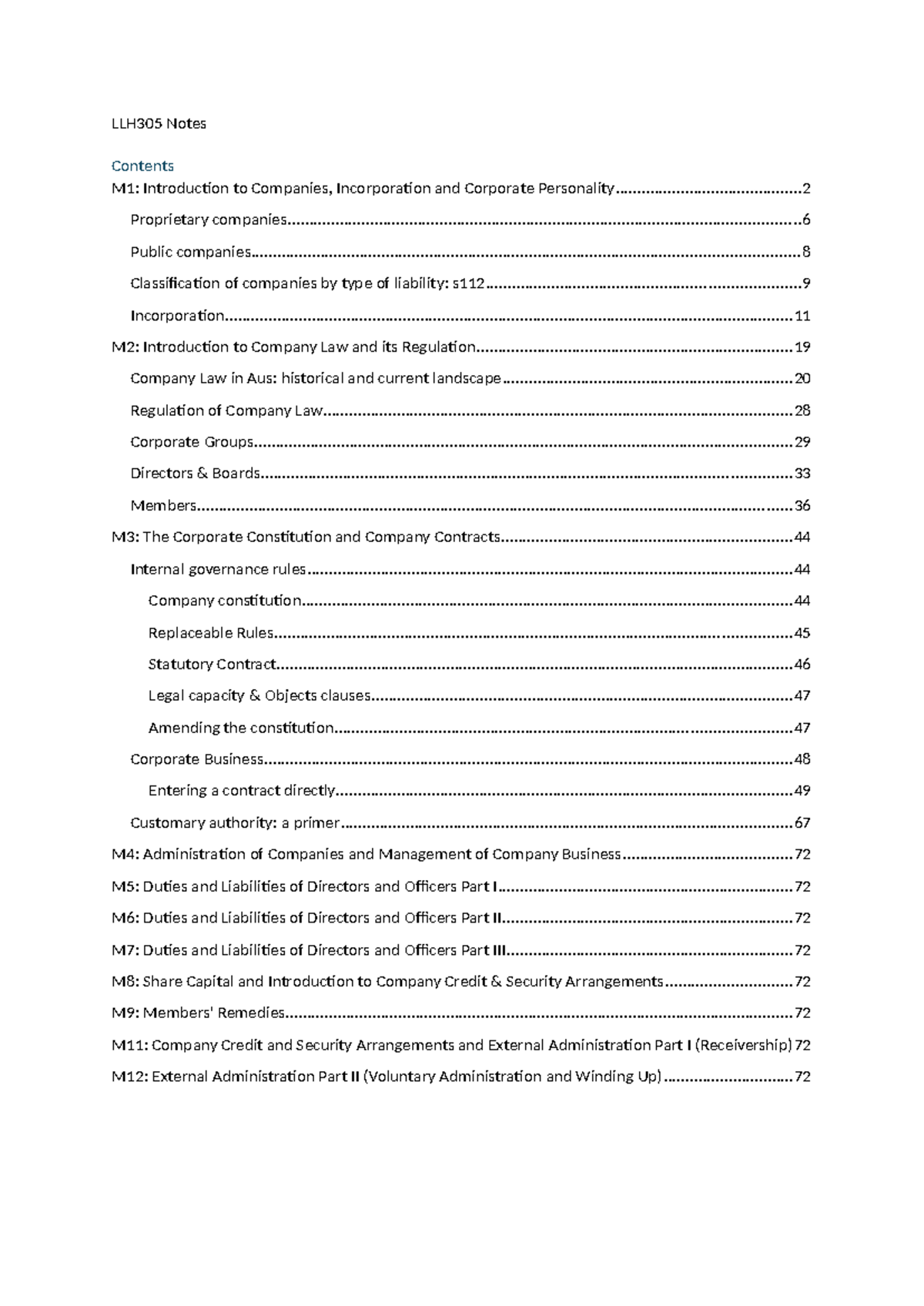 LLH305 Lecture Notes: Company Law Overview and Key Concepts - Studocu