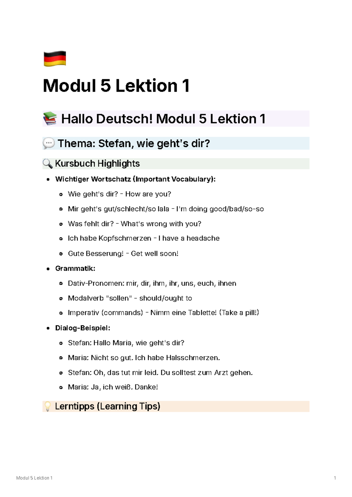 Hallo Deutsch! Modul 5 Lektion 1: Wichtiger Wortschatz & Grammatik ...