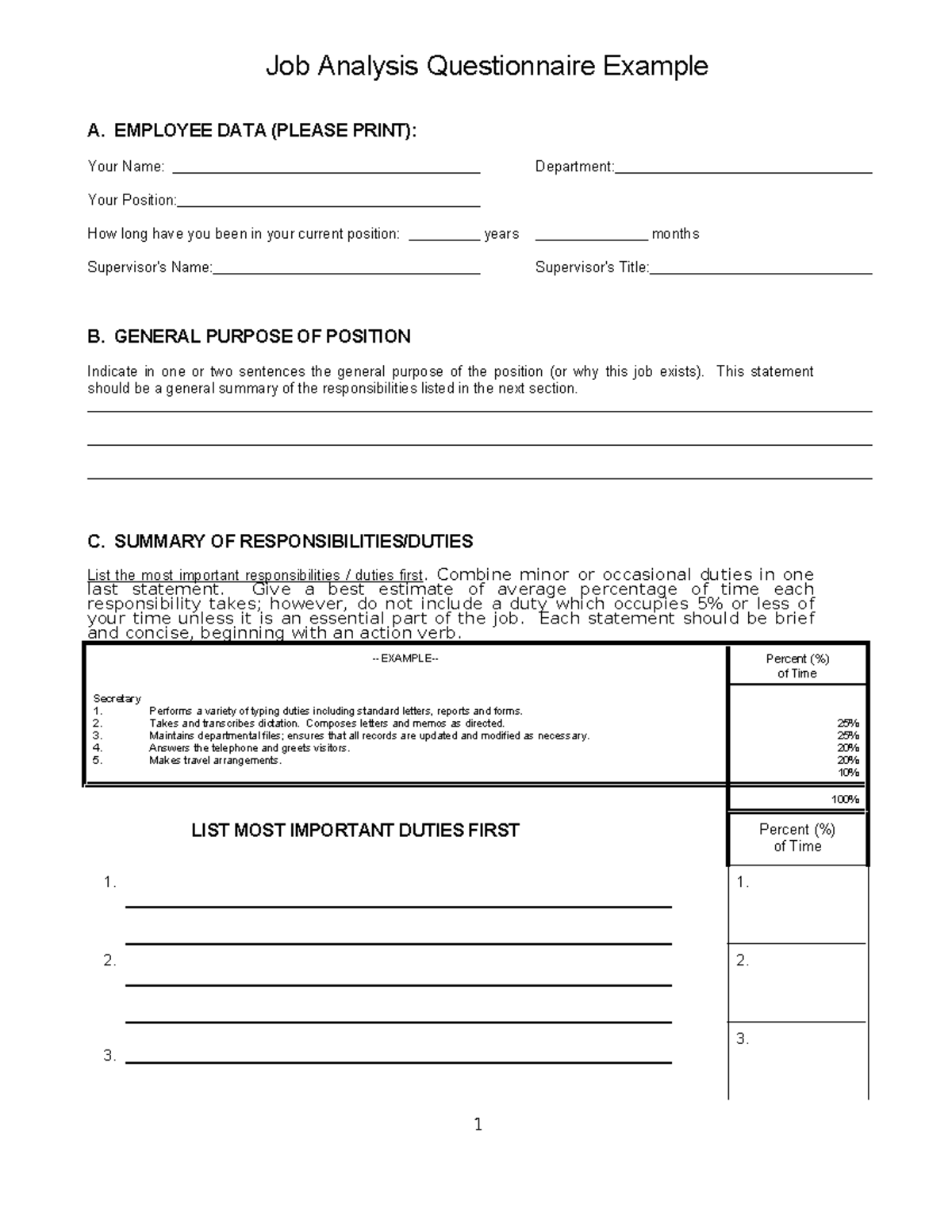 Job Analysis Questionnaire Example - A. EMPLOYEE DATA (PLEASE PRINT ...
