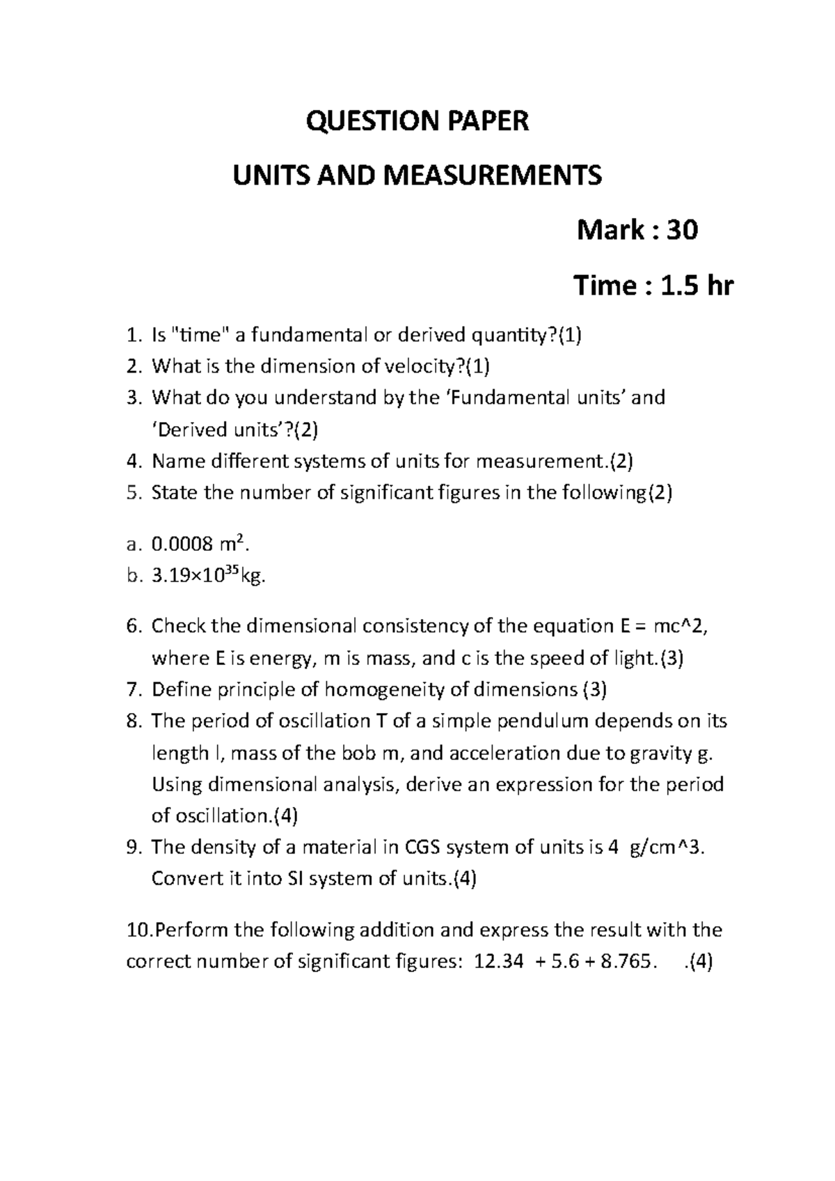 QPaper: Units and Measurements - Exam Questions (30 Marks) - Studocu
