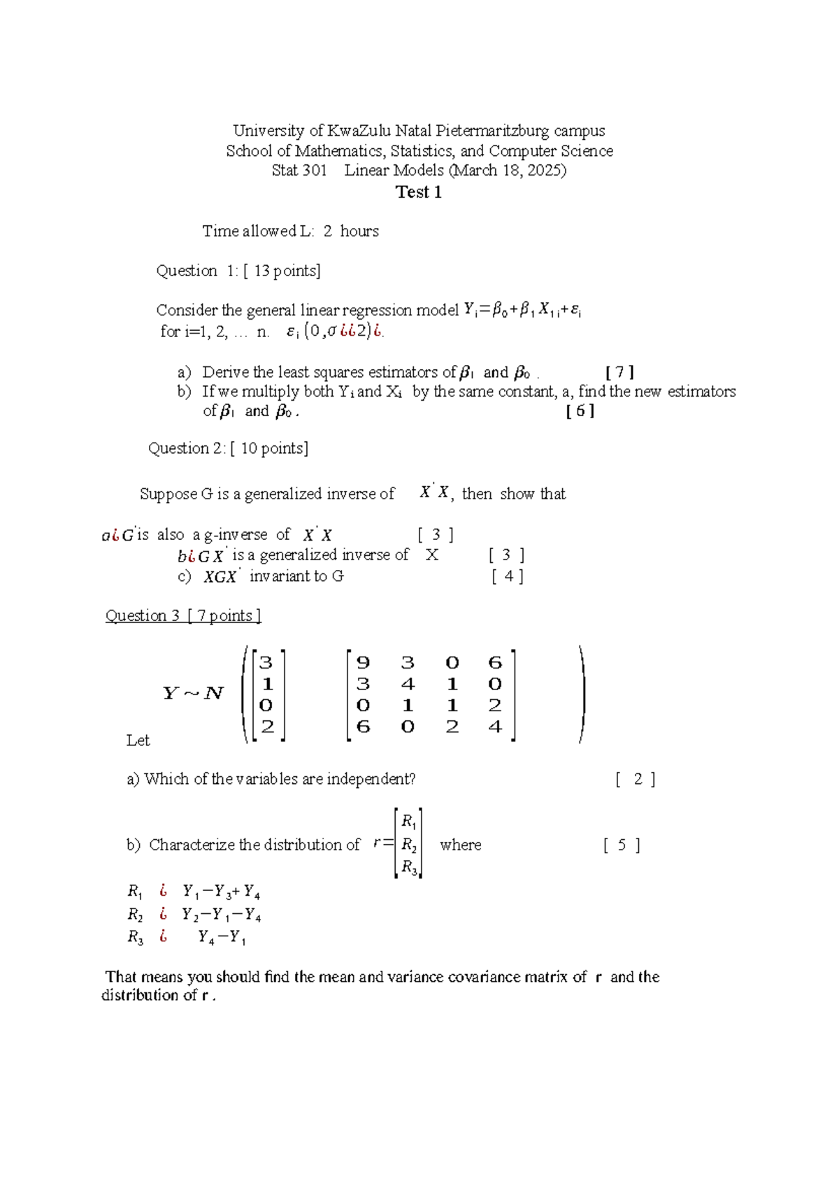 Stat 301 2025 Test 1 Notes on Linear Models and Estimators - Studocu