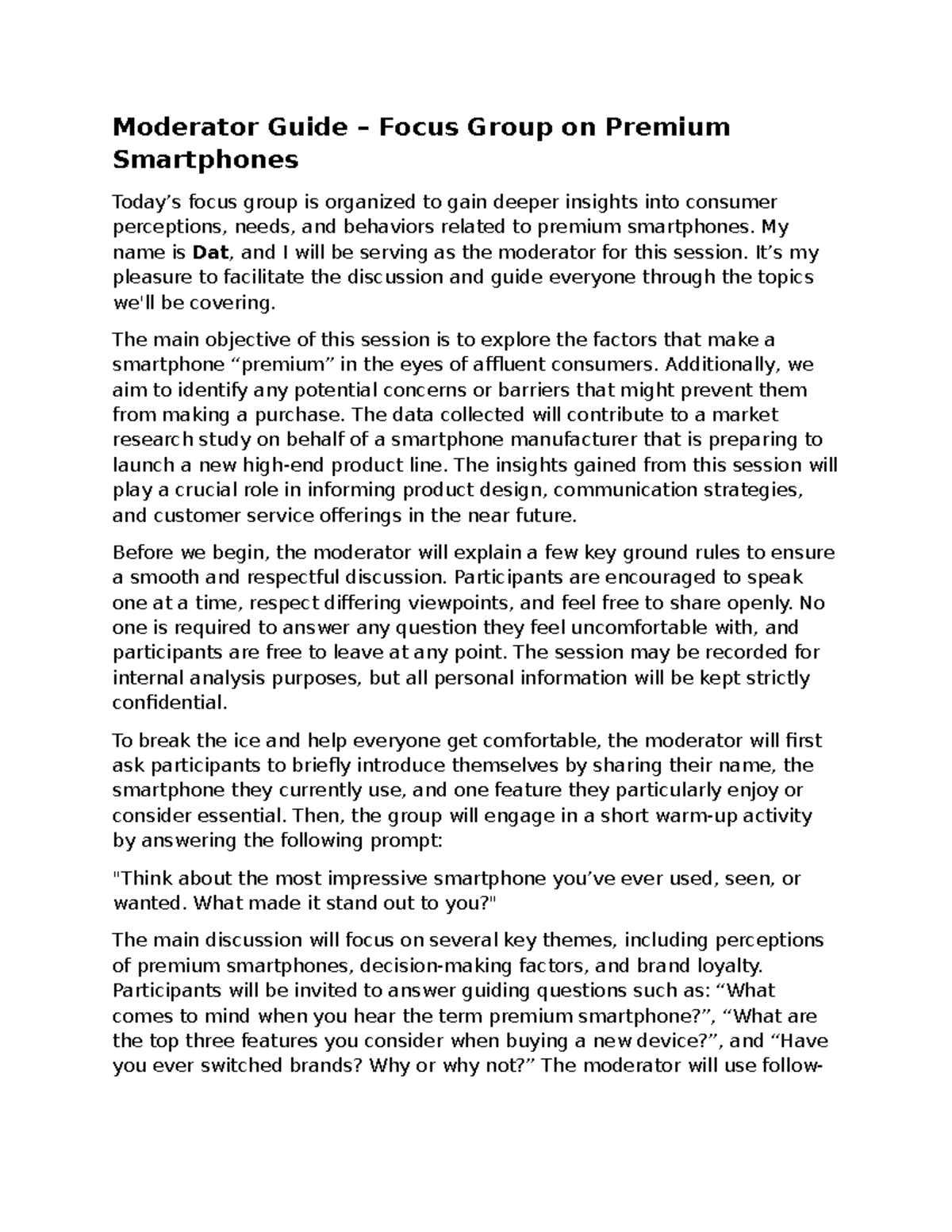 Moderator Guide: Focus Group on Premium Smartphones (1234 - 123) - Studocu