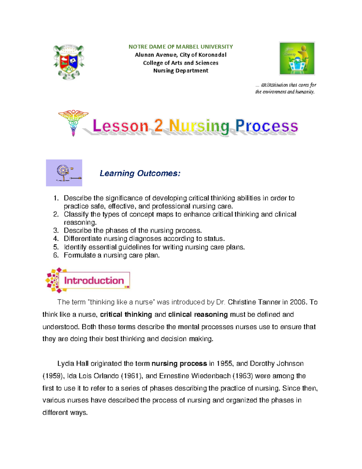 NUR 101 Course Pack: Lesson 2 - Understanding the Nursing Process - Studocu