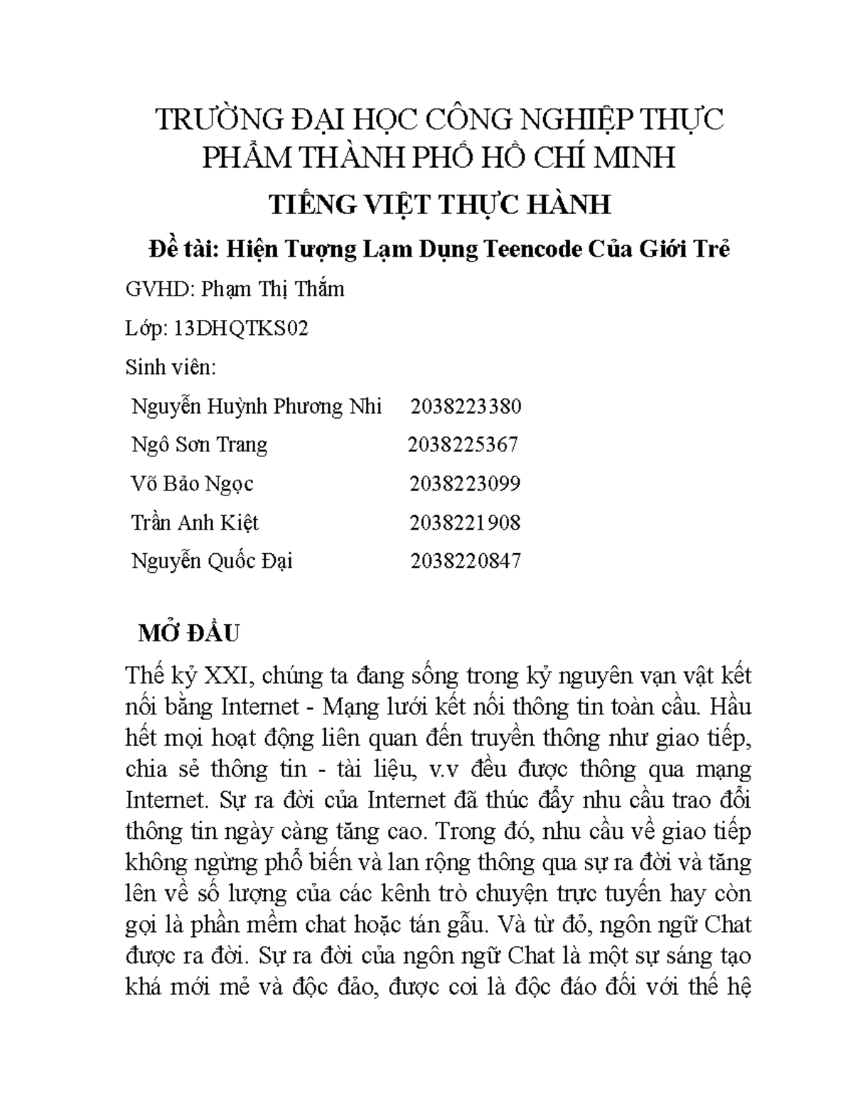 Hiện Tượng Lạm Dụng Teencode Trong Giới Trẻ - 13DHQTKS-02 - Studocu